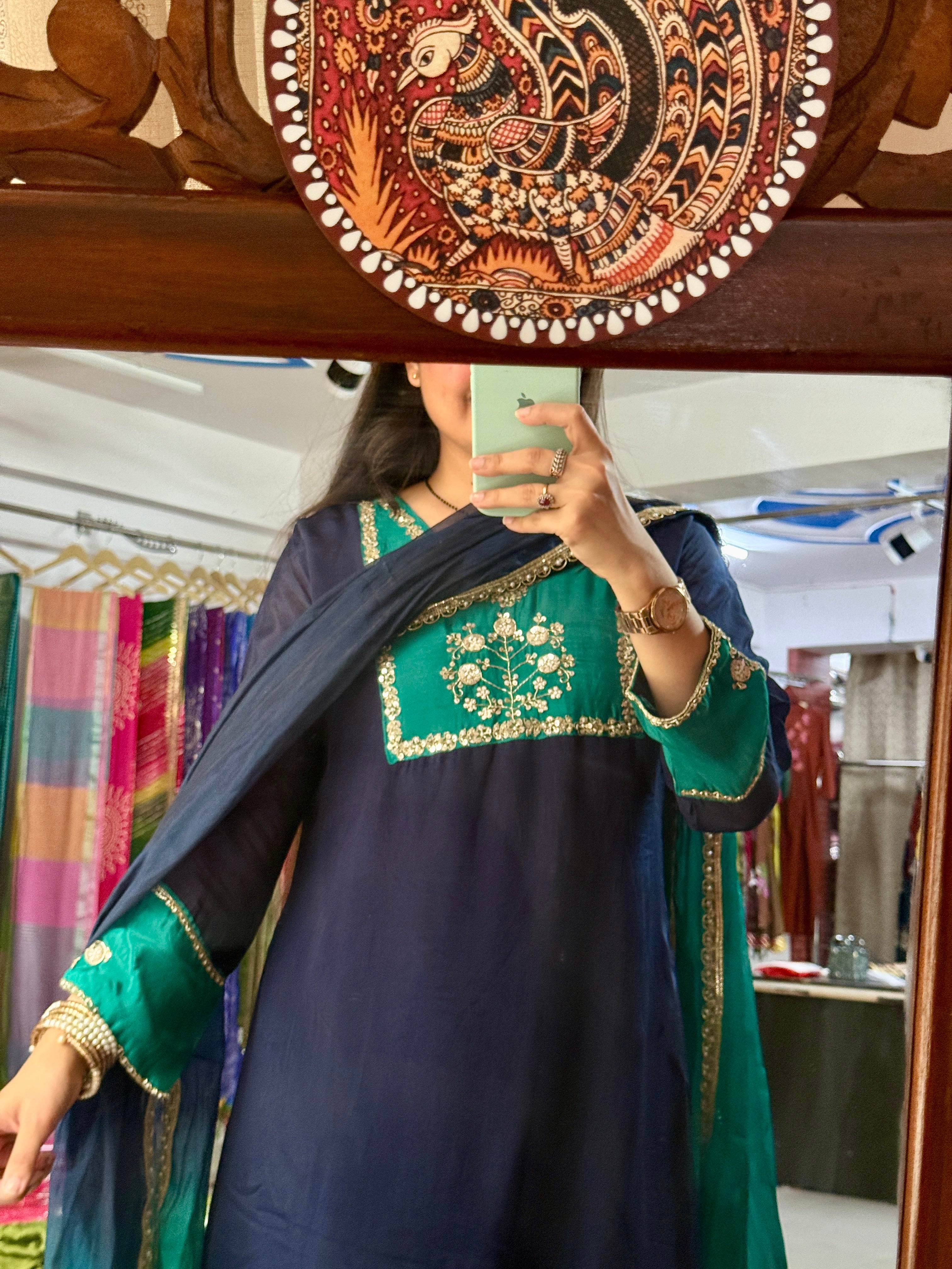 Blue Green Chinon Suit Set with Hand Embroidered Neckline & Designer sleeves and bottom with dual tone Duppata with lacework