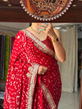 Red Pure Gaji Silk Bandhani Saree with Gotta Patti Handwork|Comes with blouse | Premium Handwork Saree