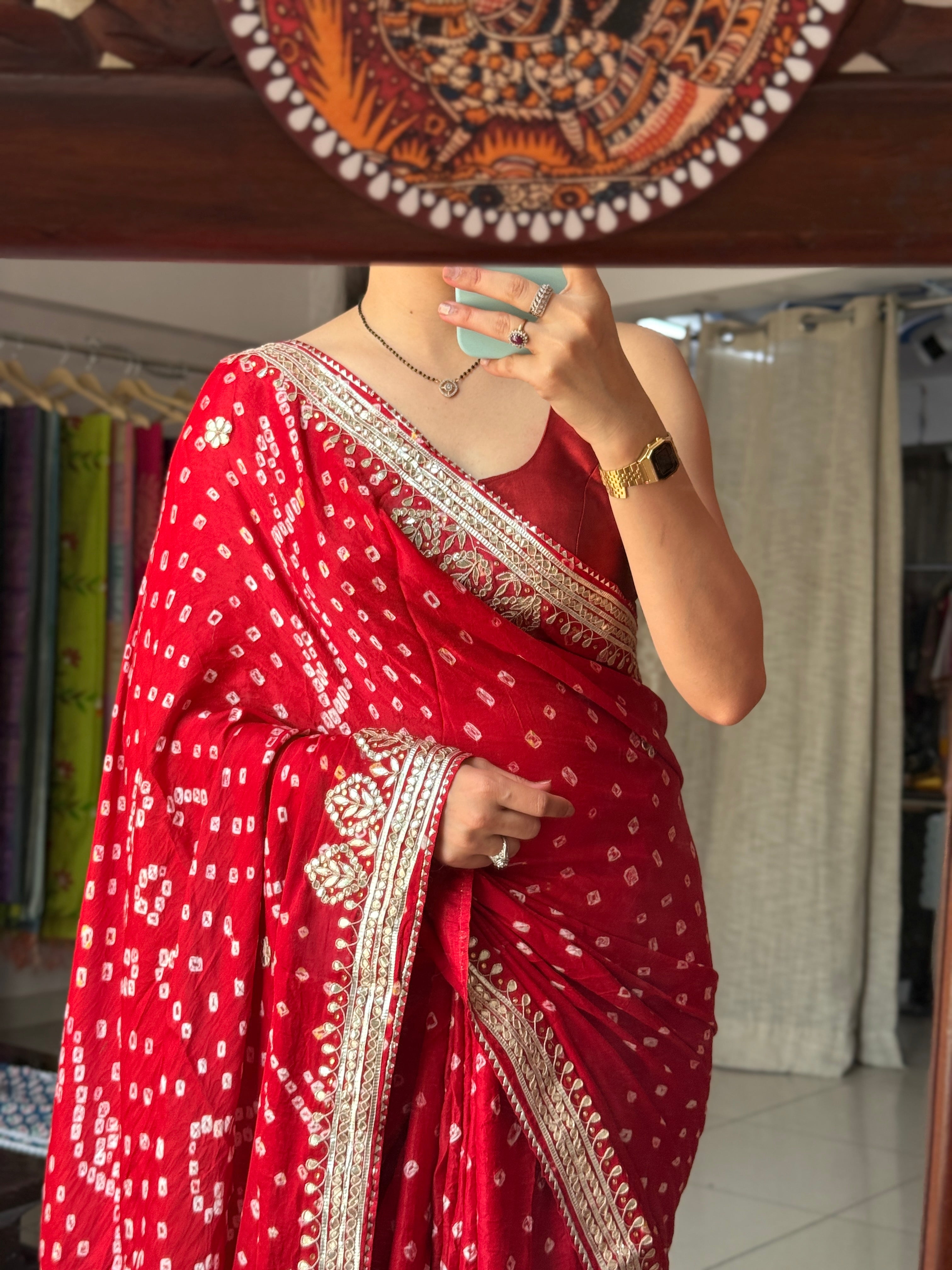 Red Pure Gaji Silk Bandhani Saree with Gotta Patti Handwork|Comes with blouse | Premium Handwork Saree
