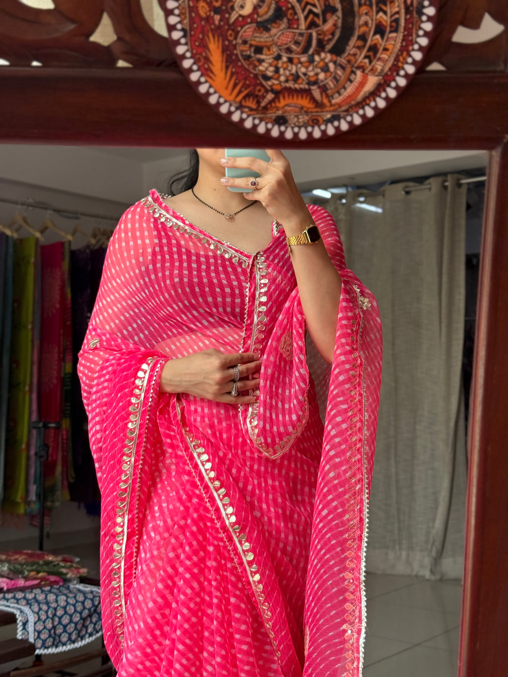 Peach Chiffon Leheriya Saree|  Handwork Gota patti work| With blouse