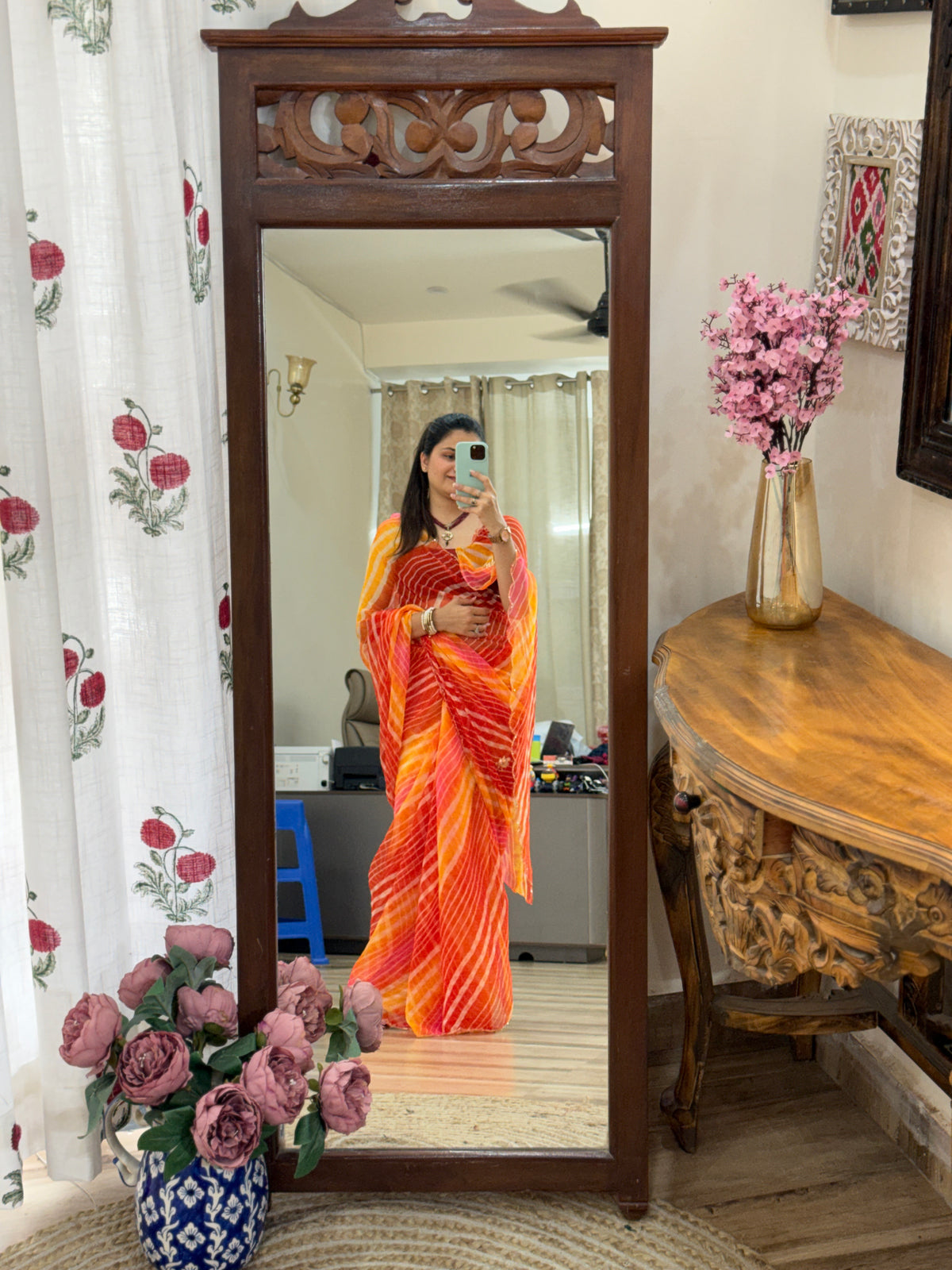 Orange Leheriya  |Pure Georgette Handwork cutdana detailing| Without blouse
