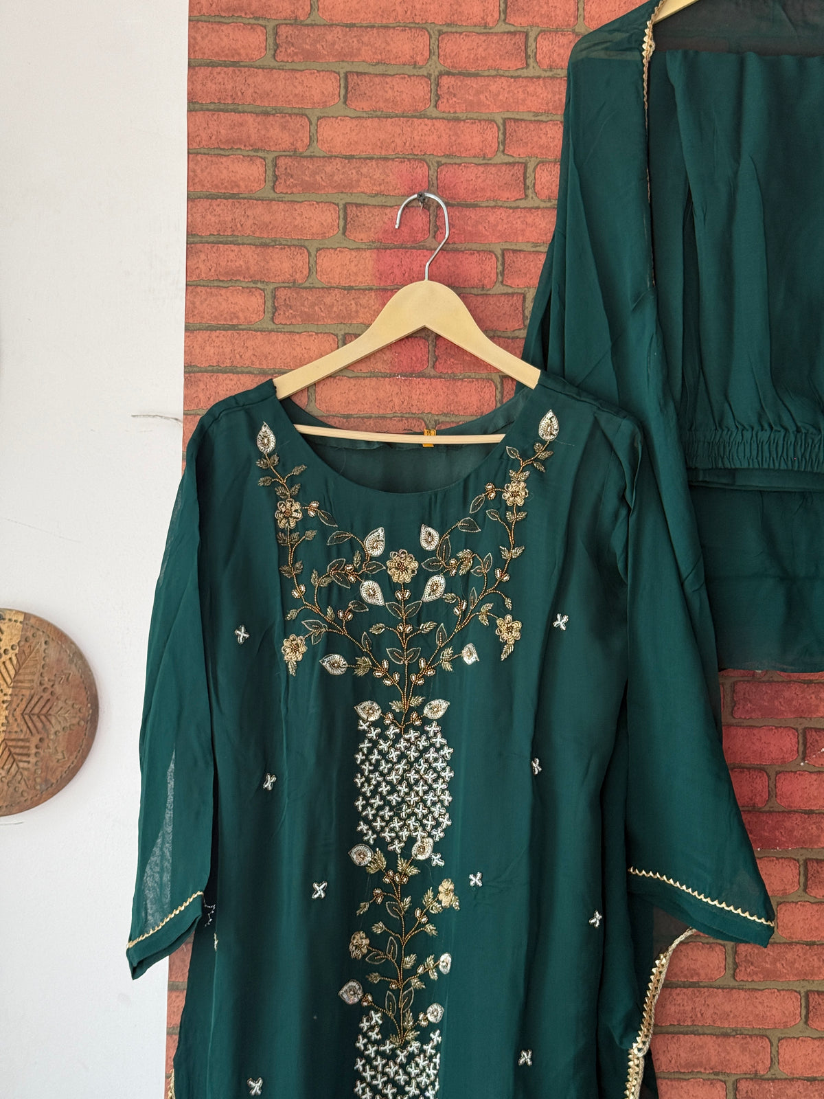 Green Sharara Set|With lining| Hand embroidered