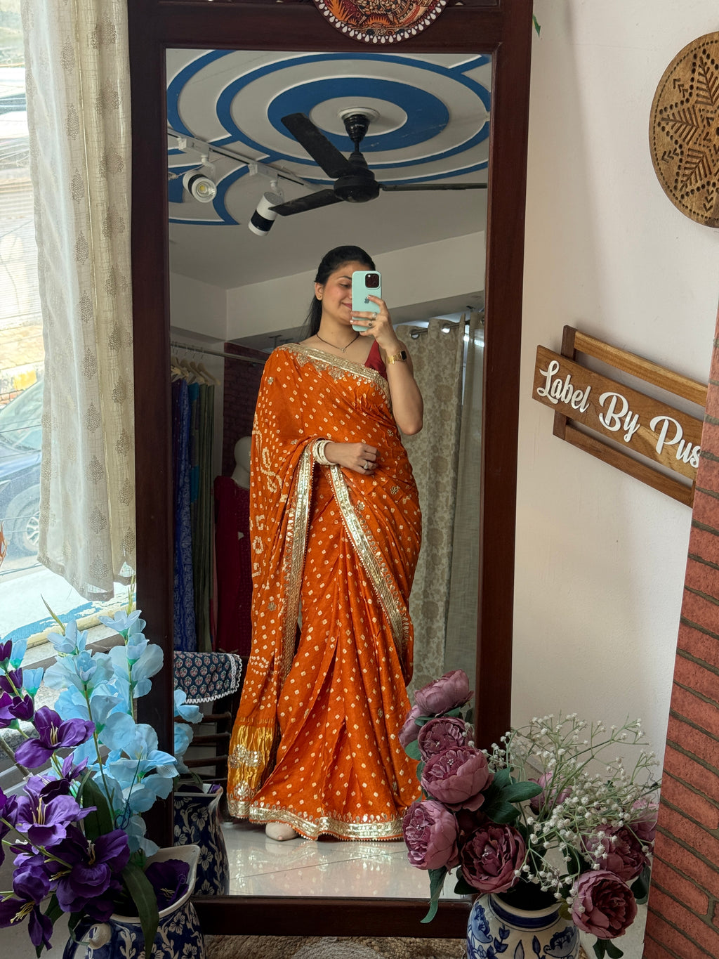 Golden Rust Pure Gaji Silk Bandhani Saree with Gotta Patti Handwork|Comes with blouse | Premium Handwork Saree