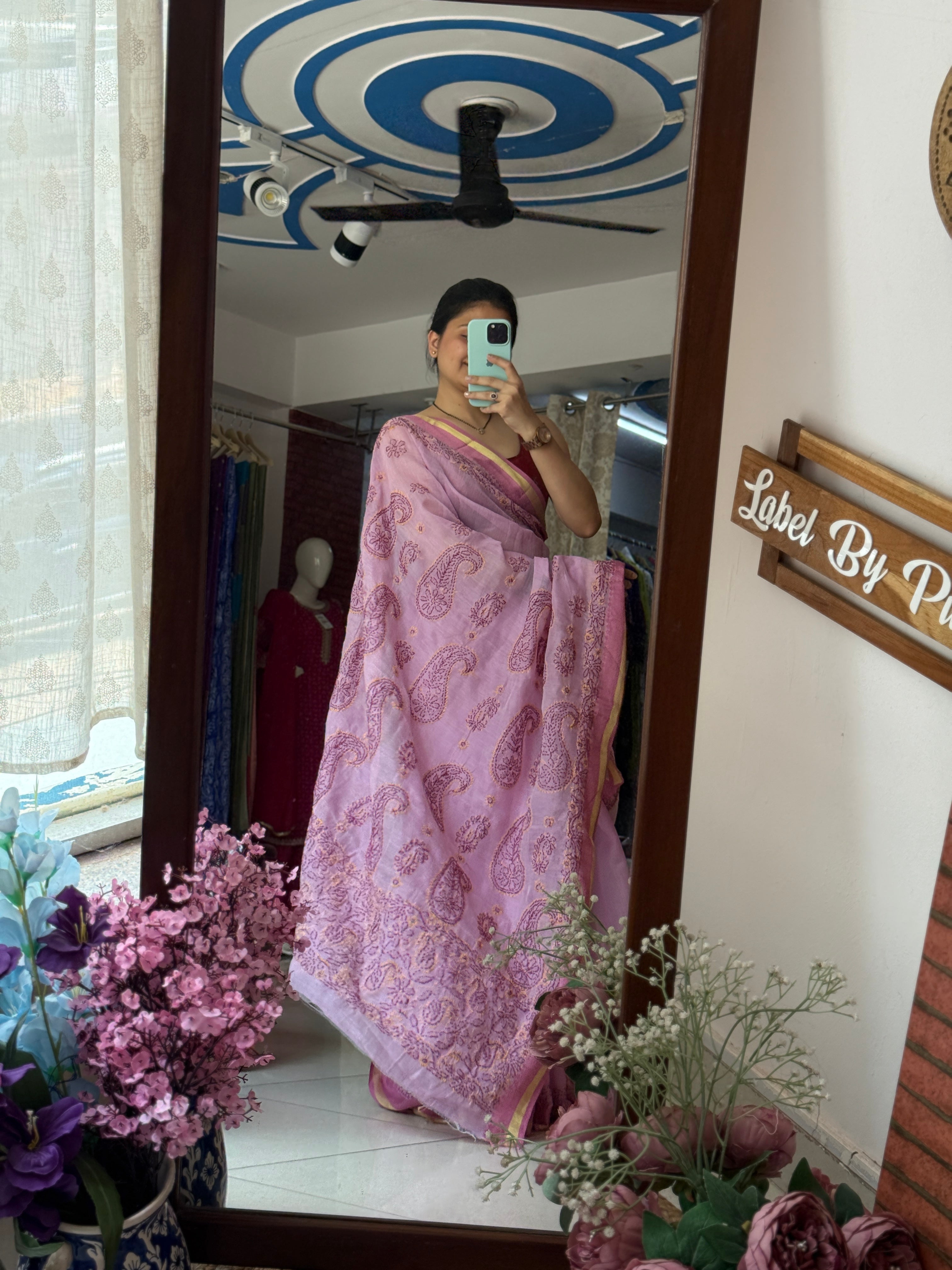 Baby Pink Hand Embroidered Chikanakri Saree| Mul Chanderi Fabric| With embroidered blouse