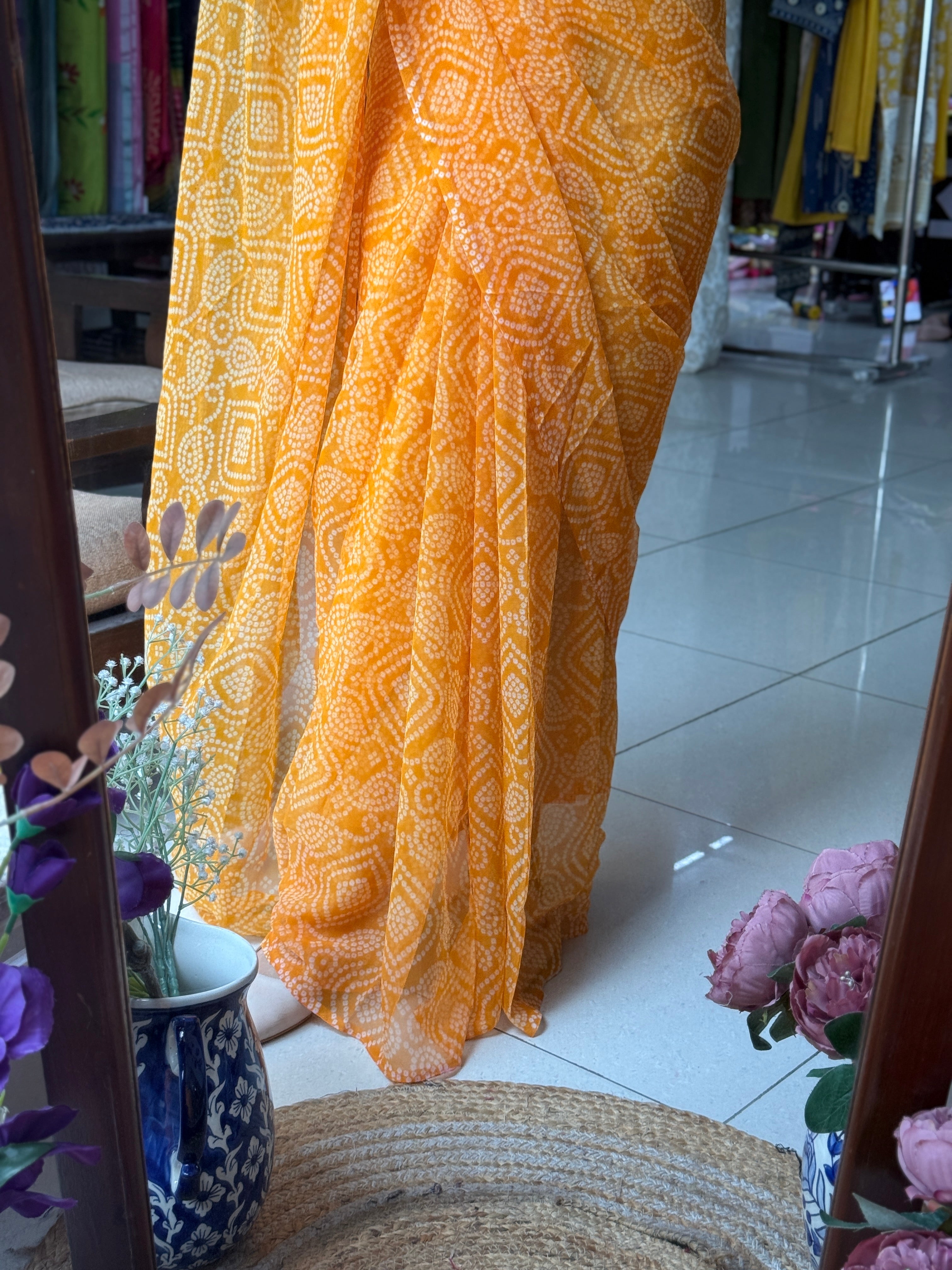 Yellow Georgette Bandhani Saree|without blouse| Budget Friendly