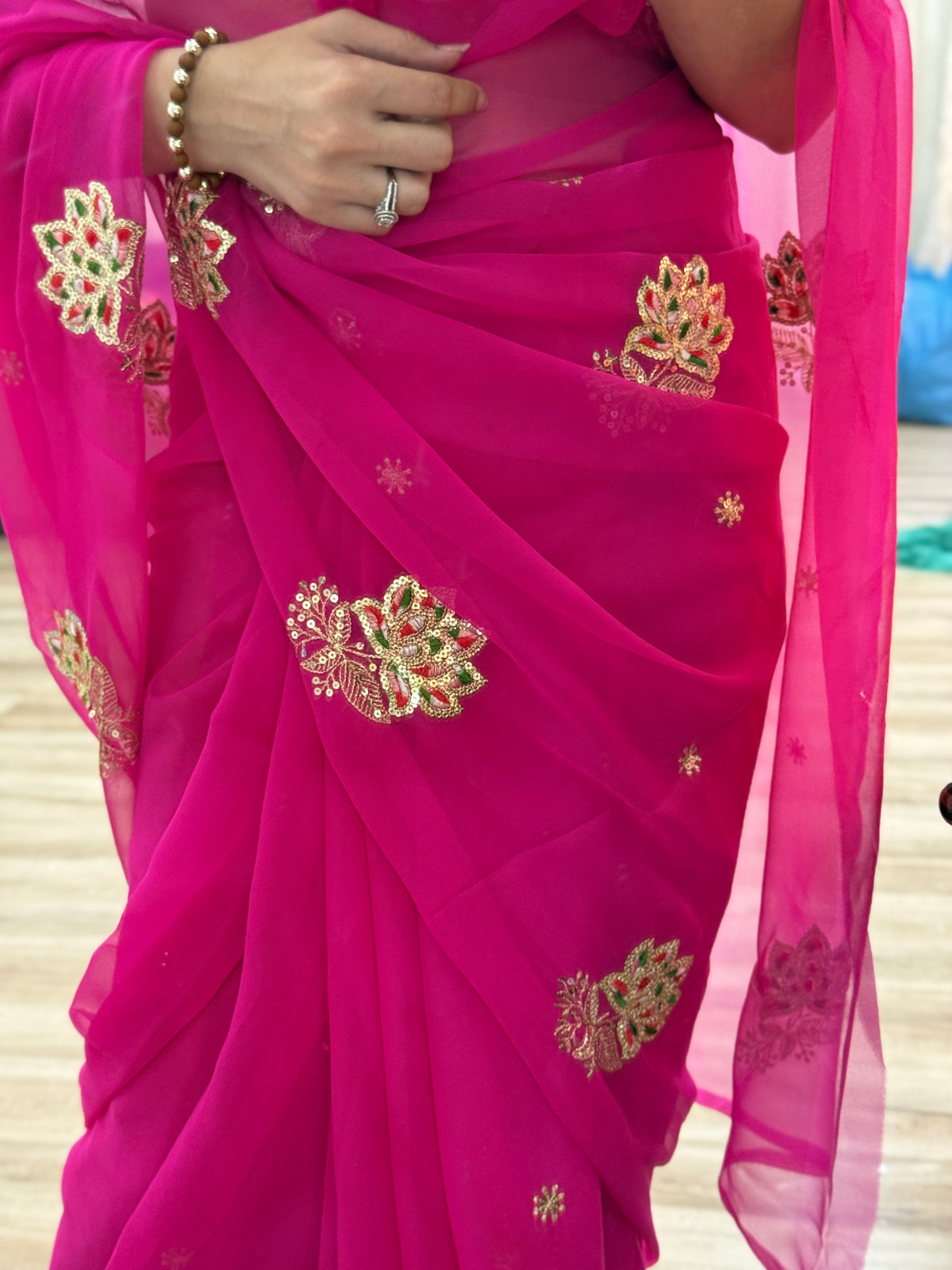 Rani Pink Zari Embroidered| Georgette Sarees| Without Blouse