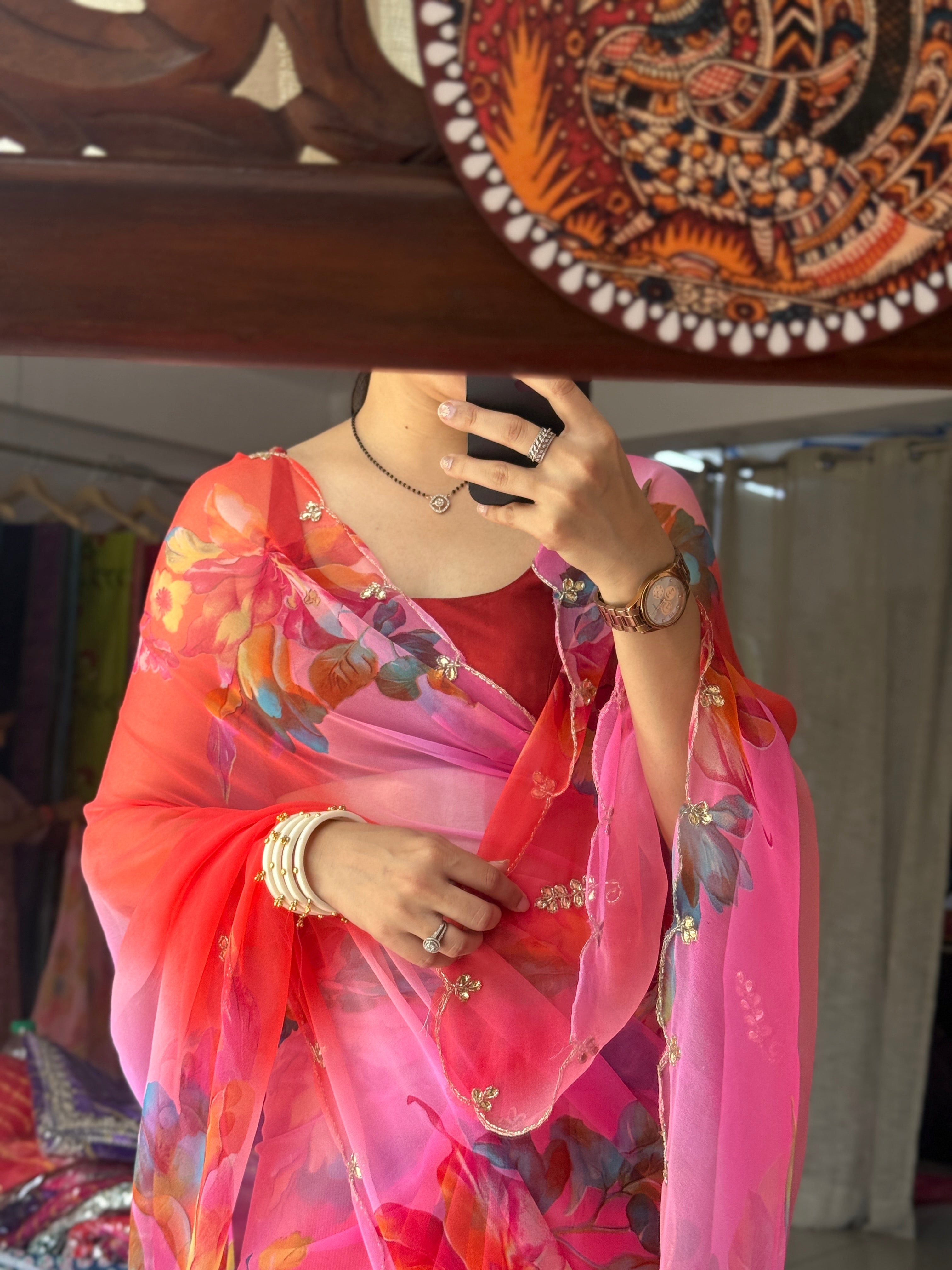 Princess Pink |Pure Georgette Digital Printed Saree| Handwork cutdana detailing| Without blouse