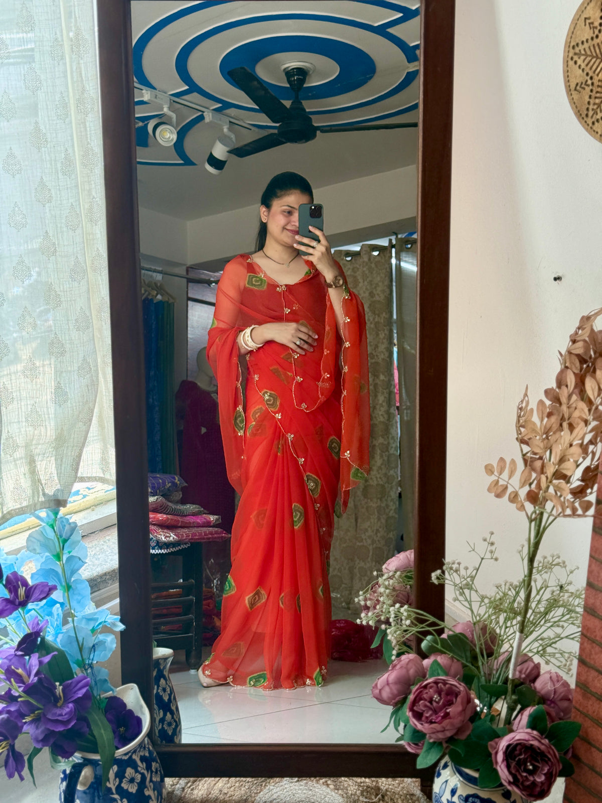Orange Shibhori |Pure Georgette Digital Printed Saree| Handwork cutdana detailing| Without blouse