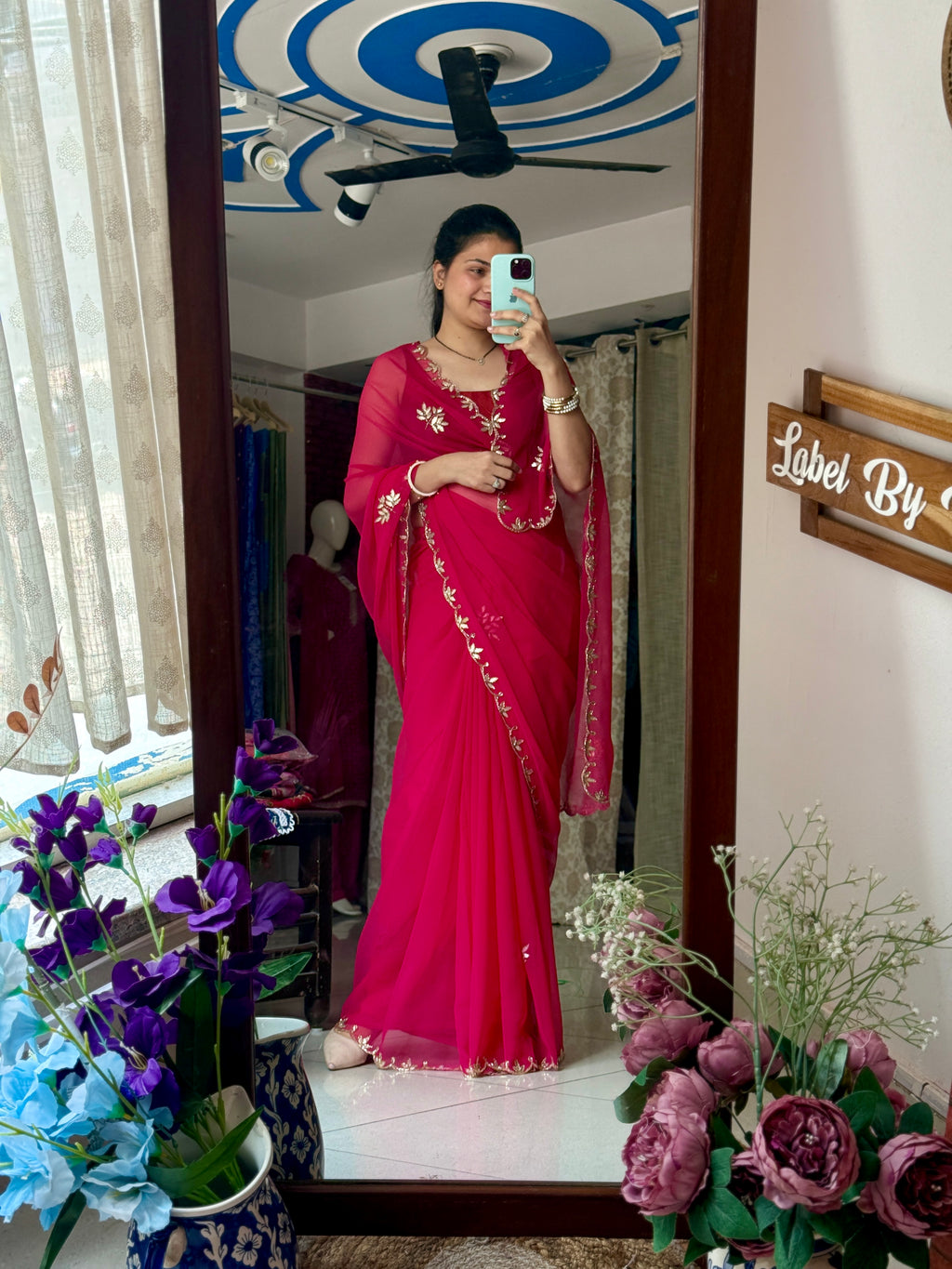 Reddish Pure Georgette Saree| Handwork cutdana detailing| With blouse