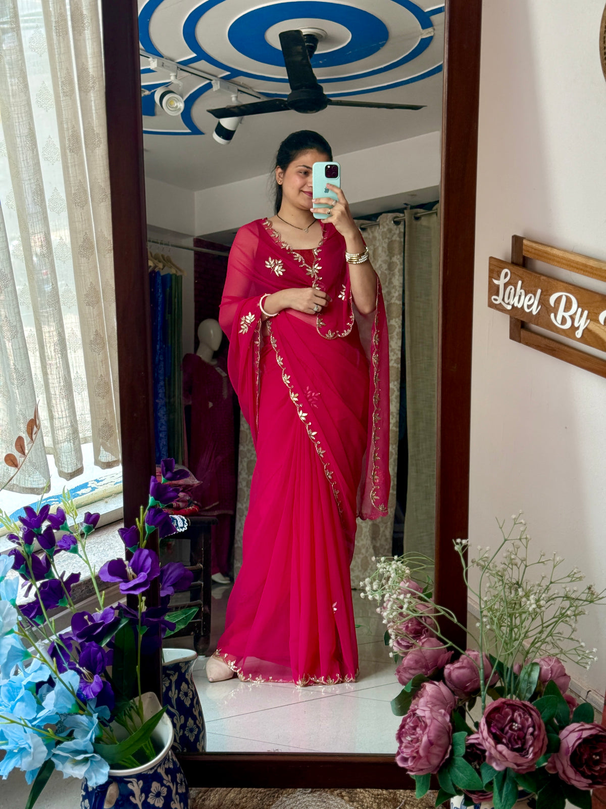 Reddish Pure Georgette Saree| Handwork cutdana detailing| With blouse