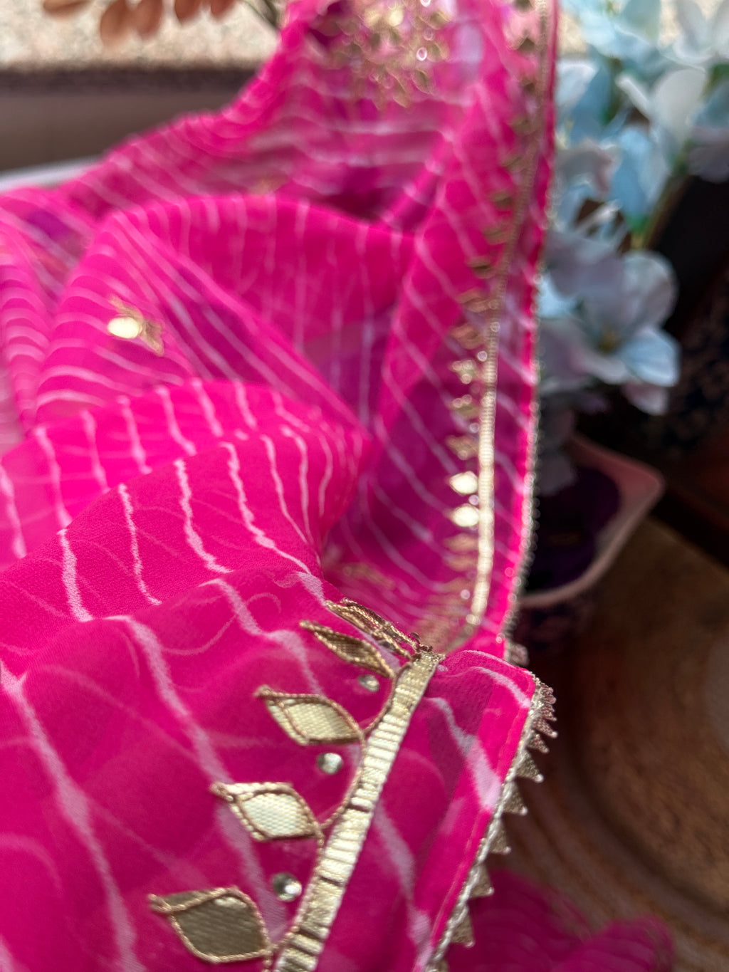 Pink  Chiffon Leheriya Saree|  Handwork Gota patti work| With blouse