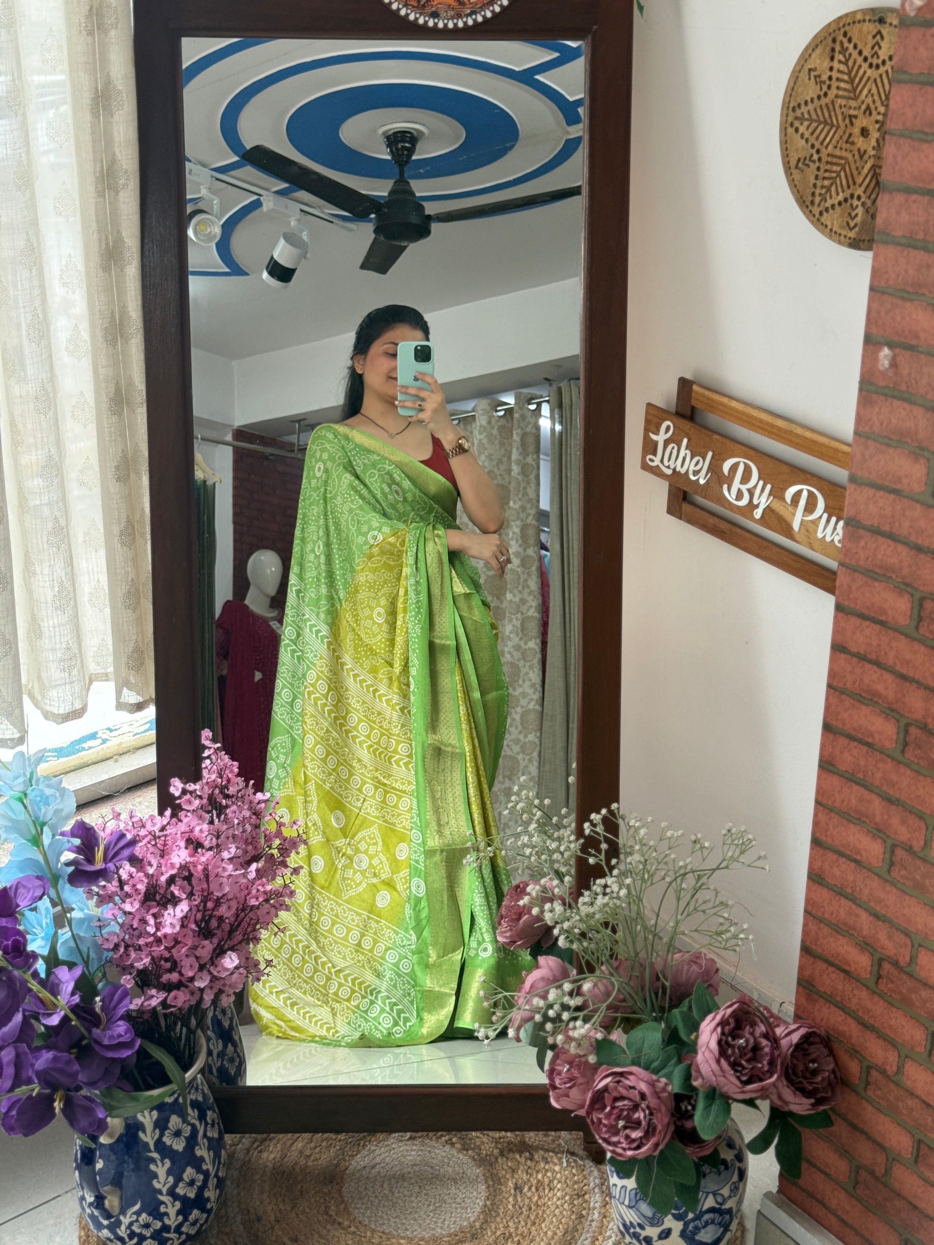 Green Yellow Bandhani Saree|  Woven border on both sides| With blouse| Self weave dola silk