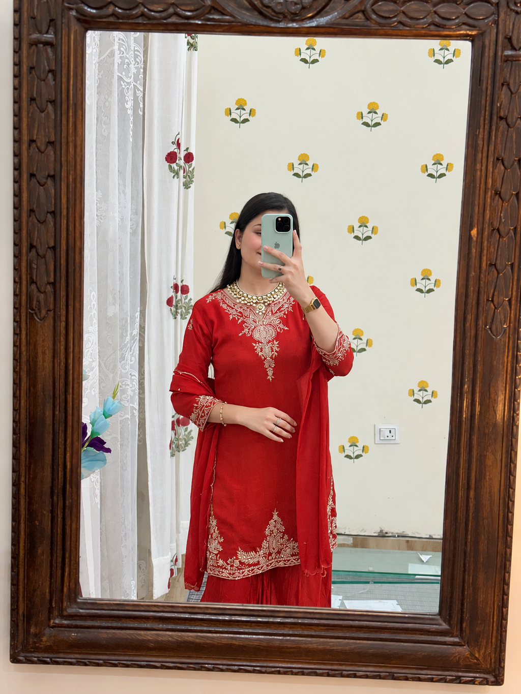 Karwachauth Special Hand embroidered Rust Orange Cutdana Suit| With lining| Chinon|Umbrella cut Plazo