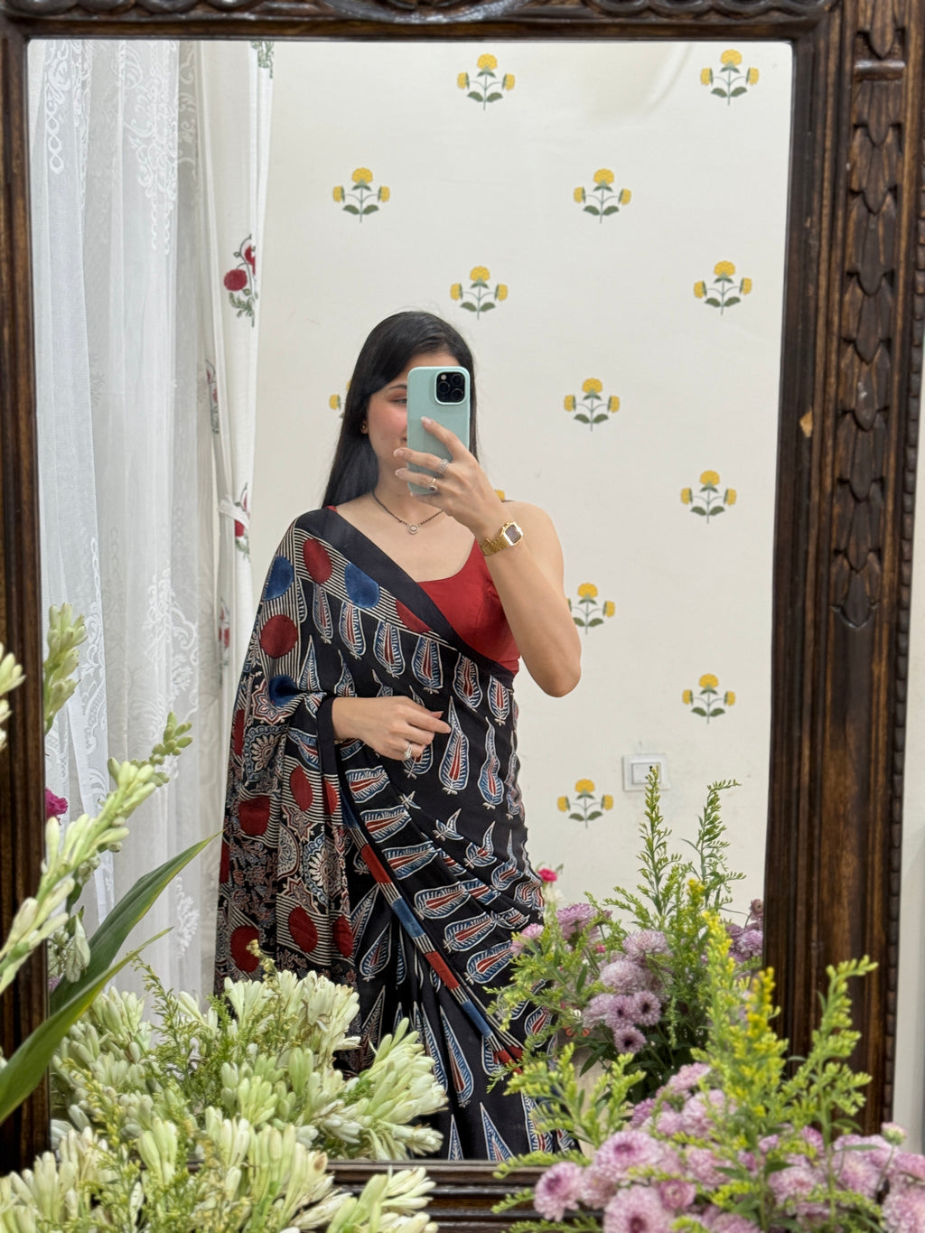 Madhuri Premium Black Modal Silk Ajrakh Print Saree with Blouse Piece