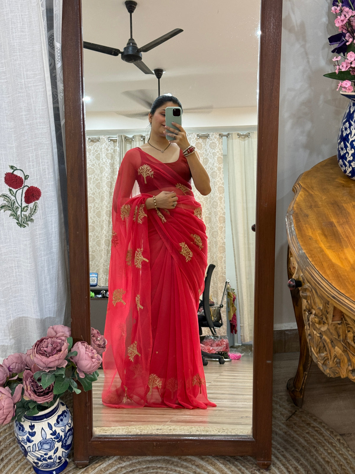 Zari Embroidered| Georgette Sarees| Without Blouse