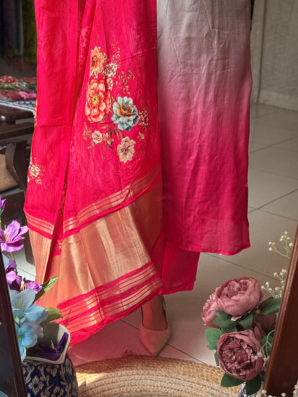 Seerat Gajji Silk Lugdi Patta Suit Set with Floral Pen Kalamkari Dupatta