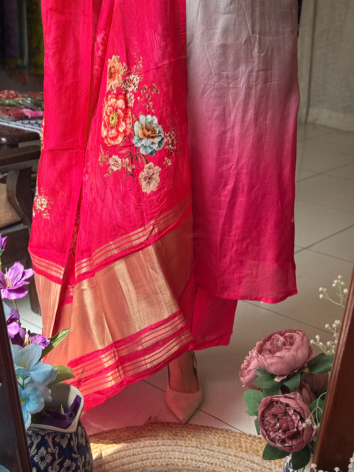 Seerat Gajji Silk Lugdi Patta Suit Set with Floral Pen Kalamkari Dupatta