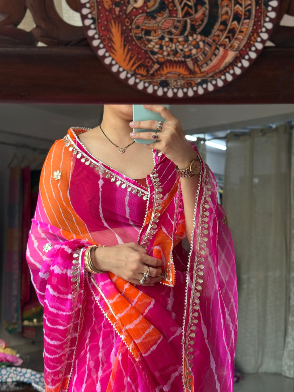Pink Orange Chiffon Leheriya Saree|  Handwork Gota patti work| With blouse