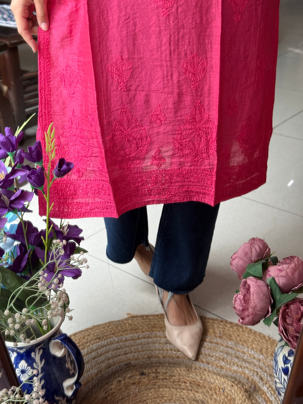Pink Mul Chanderi Kurta| Chikankari Work|Hand Embroidery| Partywear Kurta