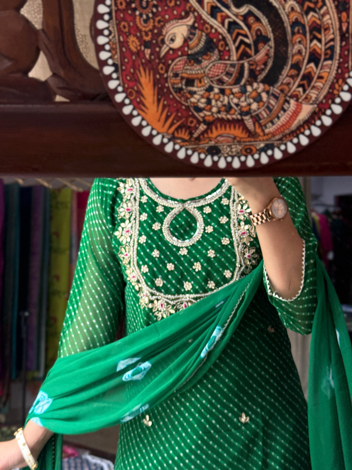 Green Leheriya Suit Set for Women | Printed Ethnic Suit with Dupatta| Hand Embroidery| With lining|Georgette with chiffon Duppata