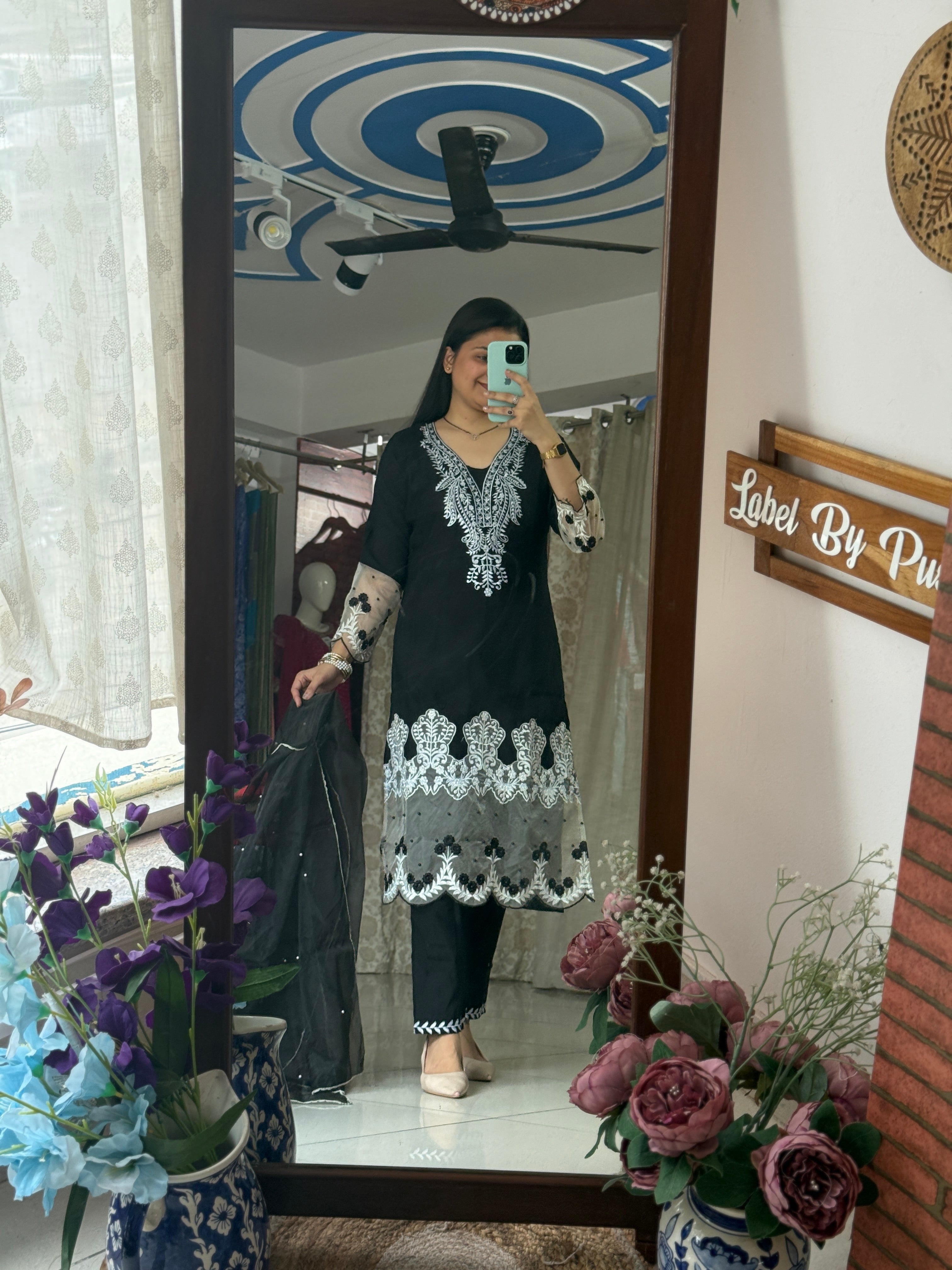 Black Pakistani Suit Set for Women | Embroidered with embedded pearls | lining| Dupatta with pearls
