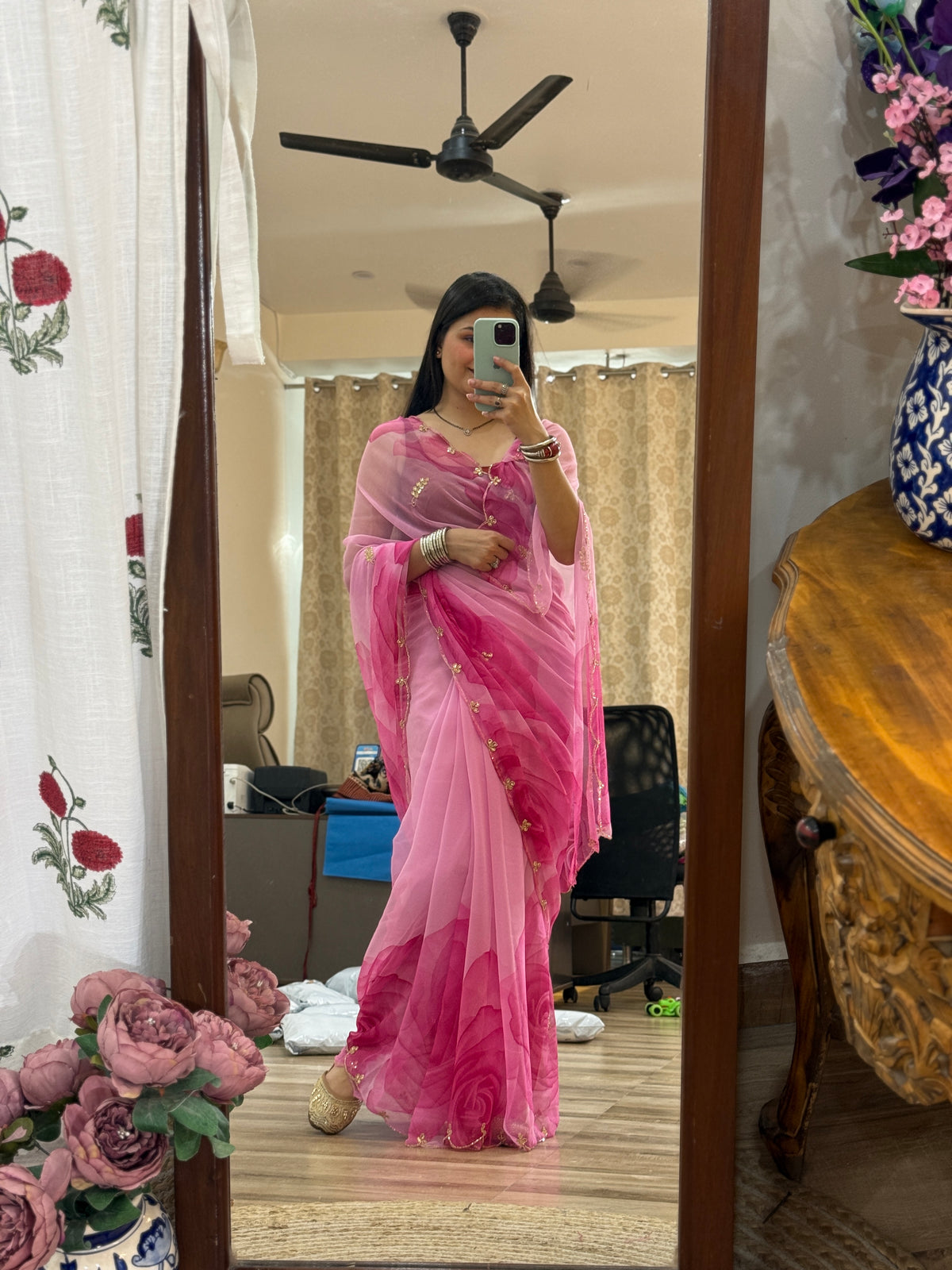 Floral Pure Georgette Handblock Digital Printed Saree| Handwork cutdana detailing| Without blouse