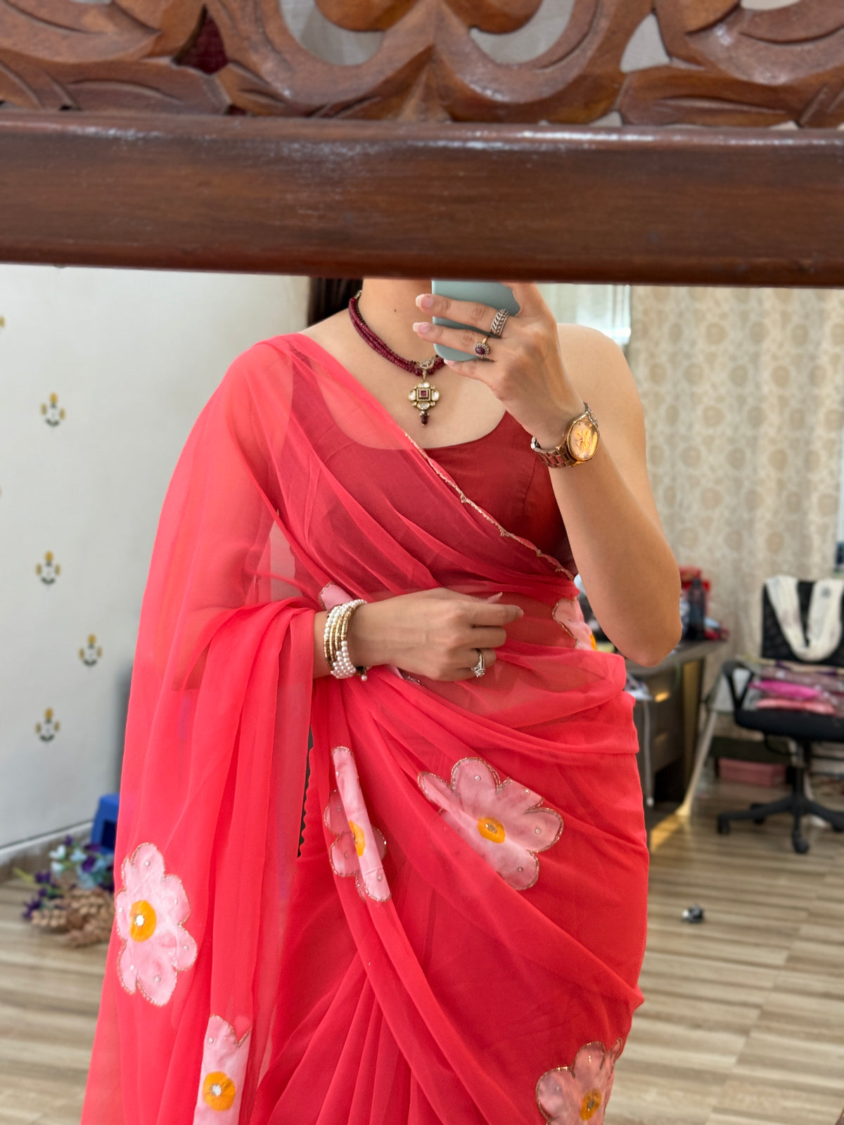 Handpainted Saree  |Pure Georgette Handwork cutdana detailing| Without blouse