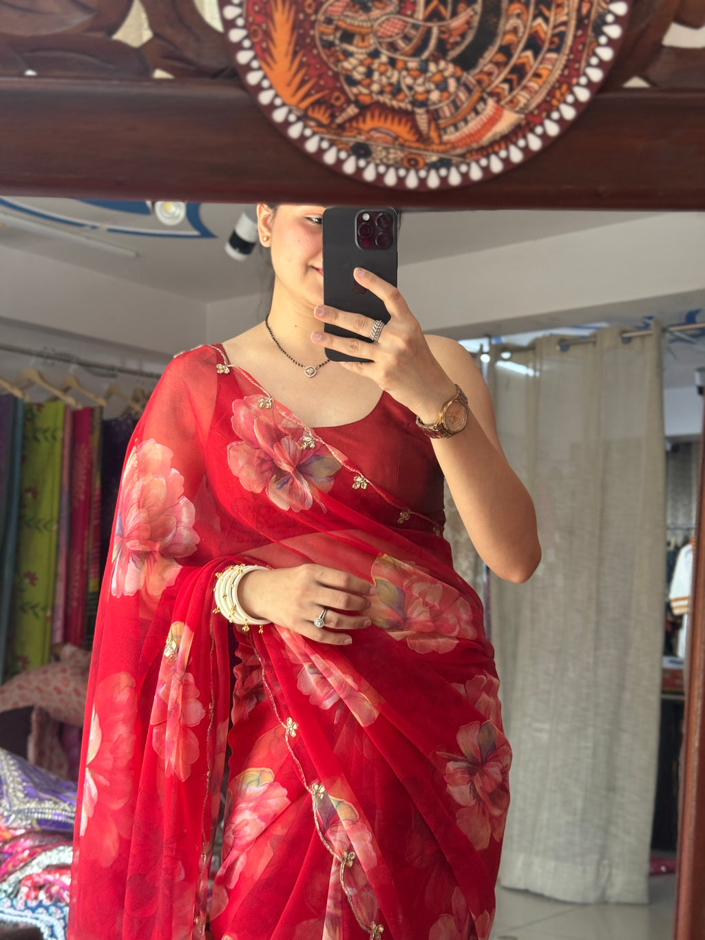 Red Floral |Pure Georgette Digital Printed Saree| Handwork cutdana detailing| Without blouse