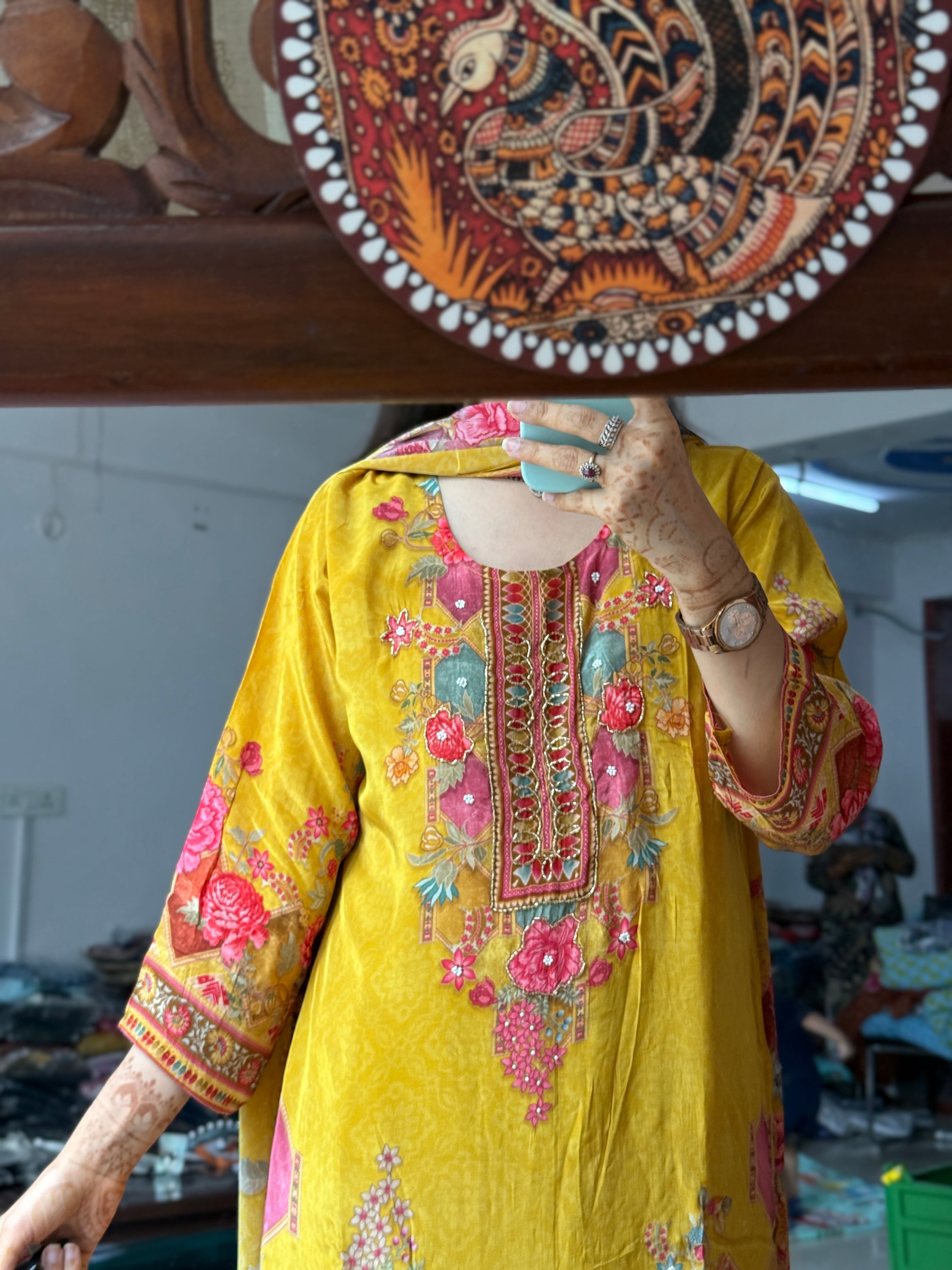 Yellow floral Suit Set |Cotton lining | Hand Embroidered |Crepe| Salwar