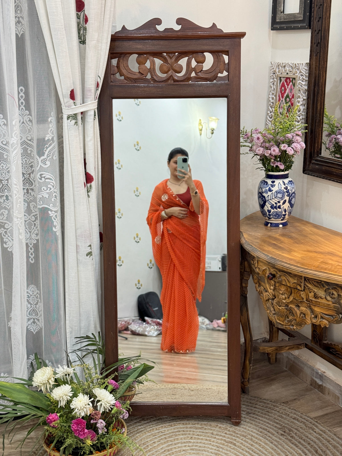 Orange Leheriya |Pure Georgette Digital Printed Saree| Handwork cutdana detailing| Without blouse