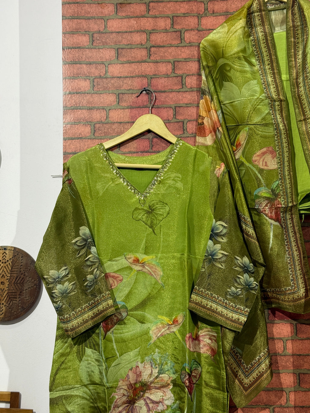 Green Suit Set | Embroidered | Tissue Shimmer | With lining
