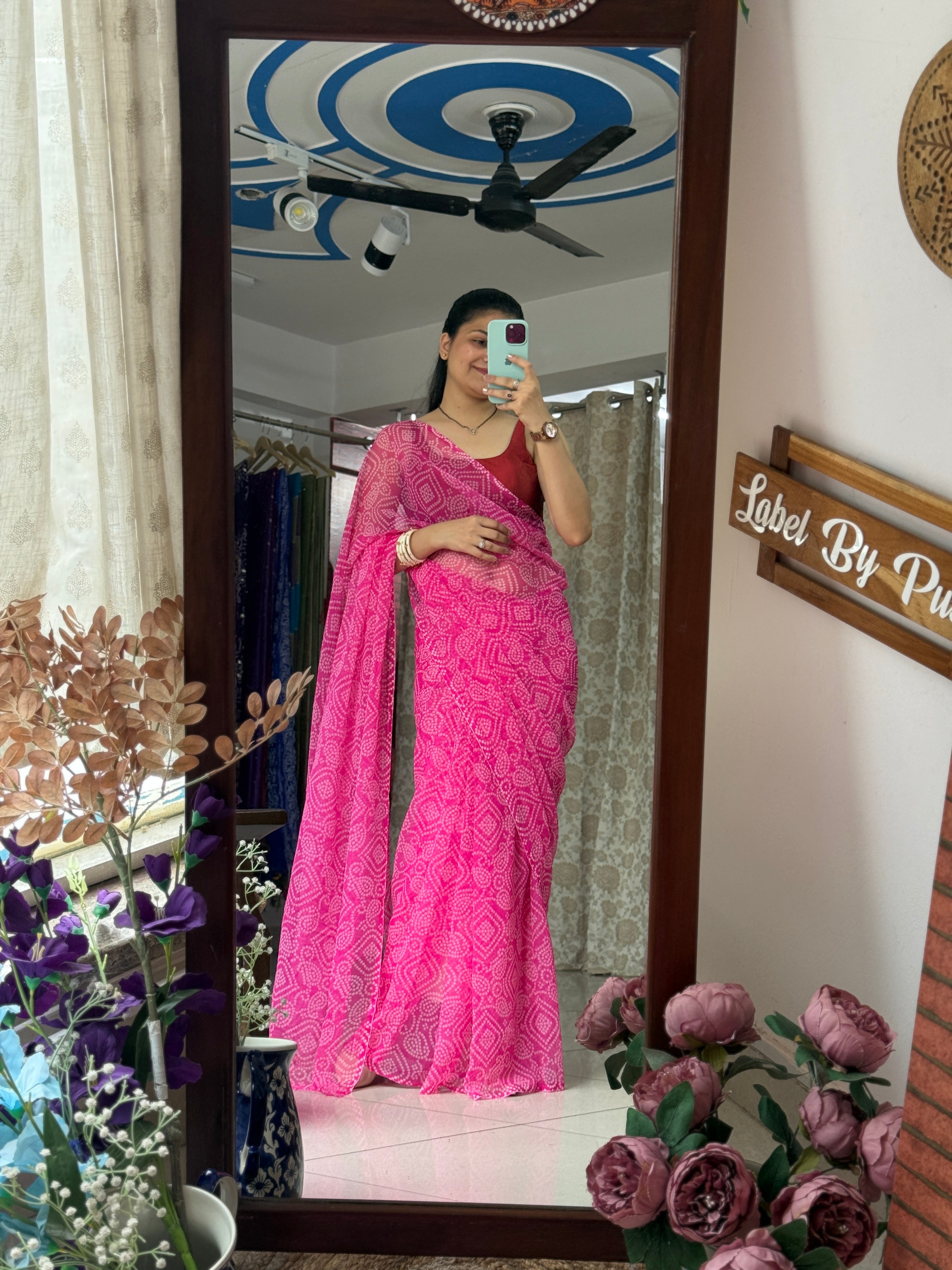 Pink Georgette Bandhani Saree|without blouse| Budget Friendly