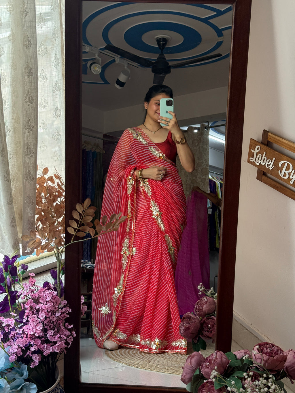 Red Leheriya|Kaccha Gota work| With blouse| Chiffon