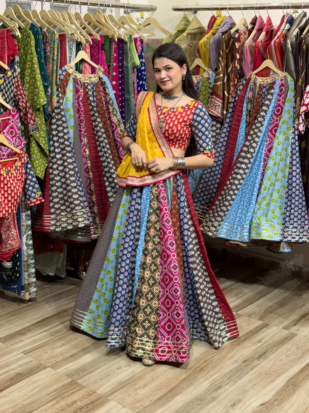 Garba Skirt| Cotton Block Printed Fabric| With inner| Gota pattiwork | 9-10 meters flair