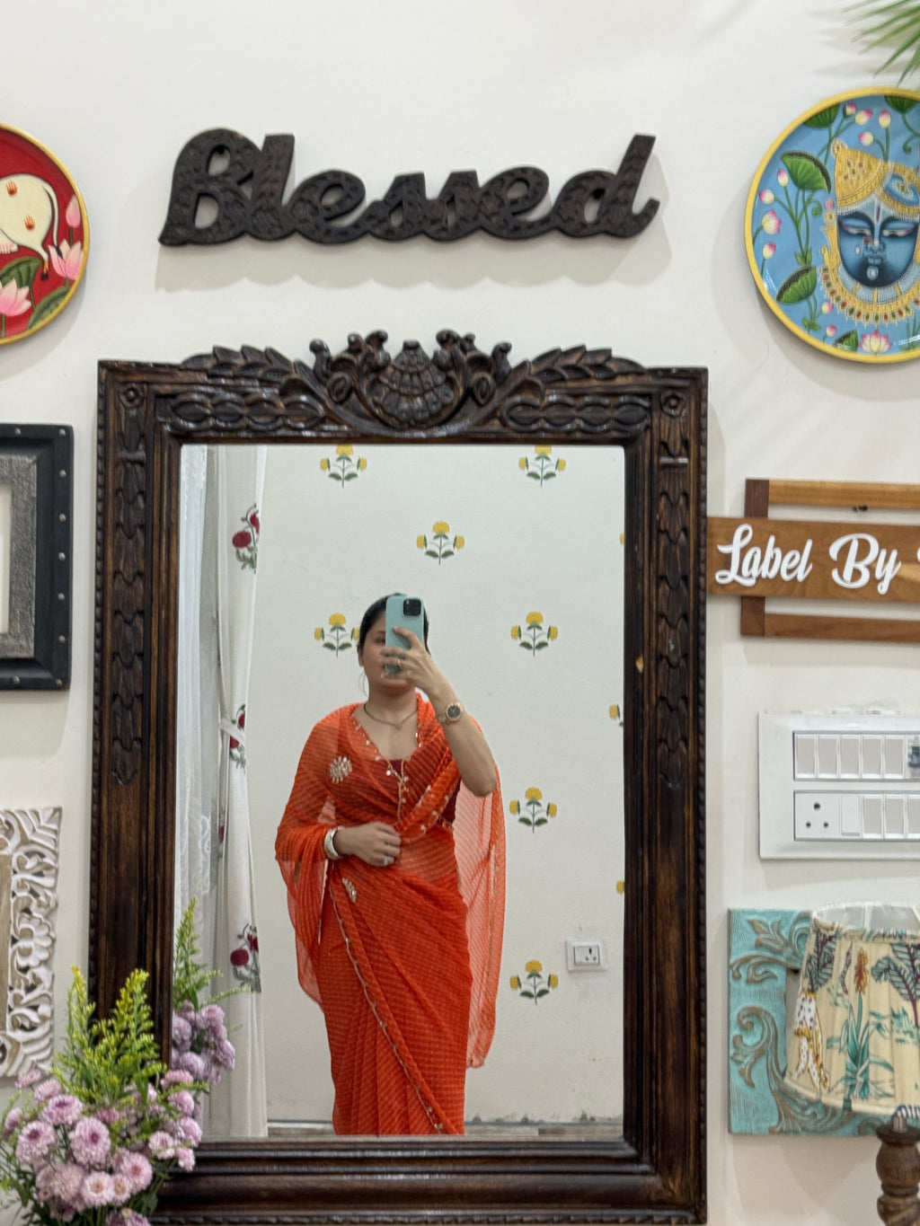 Orange Leheriya |Pure Georgette Digital Printed Saree| Handwork cutdana detailing| Without blouse