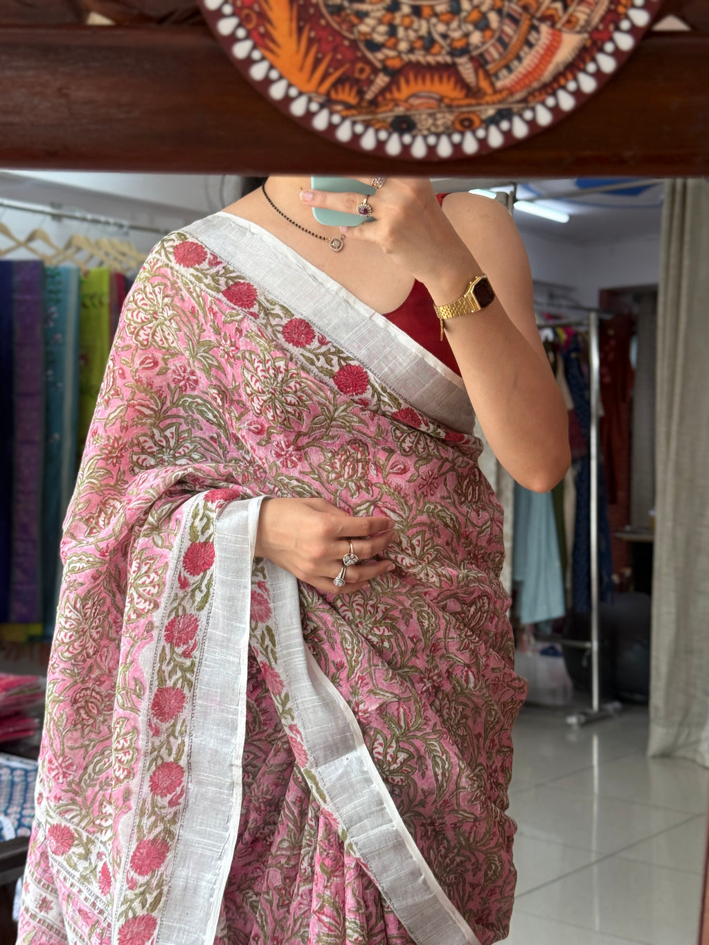 Block printed linen Saree|with blouse|Bestseller