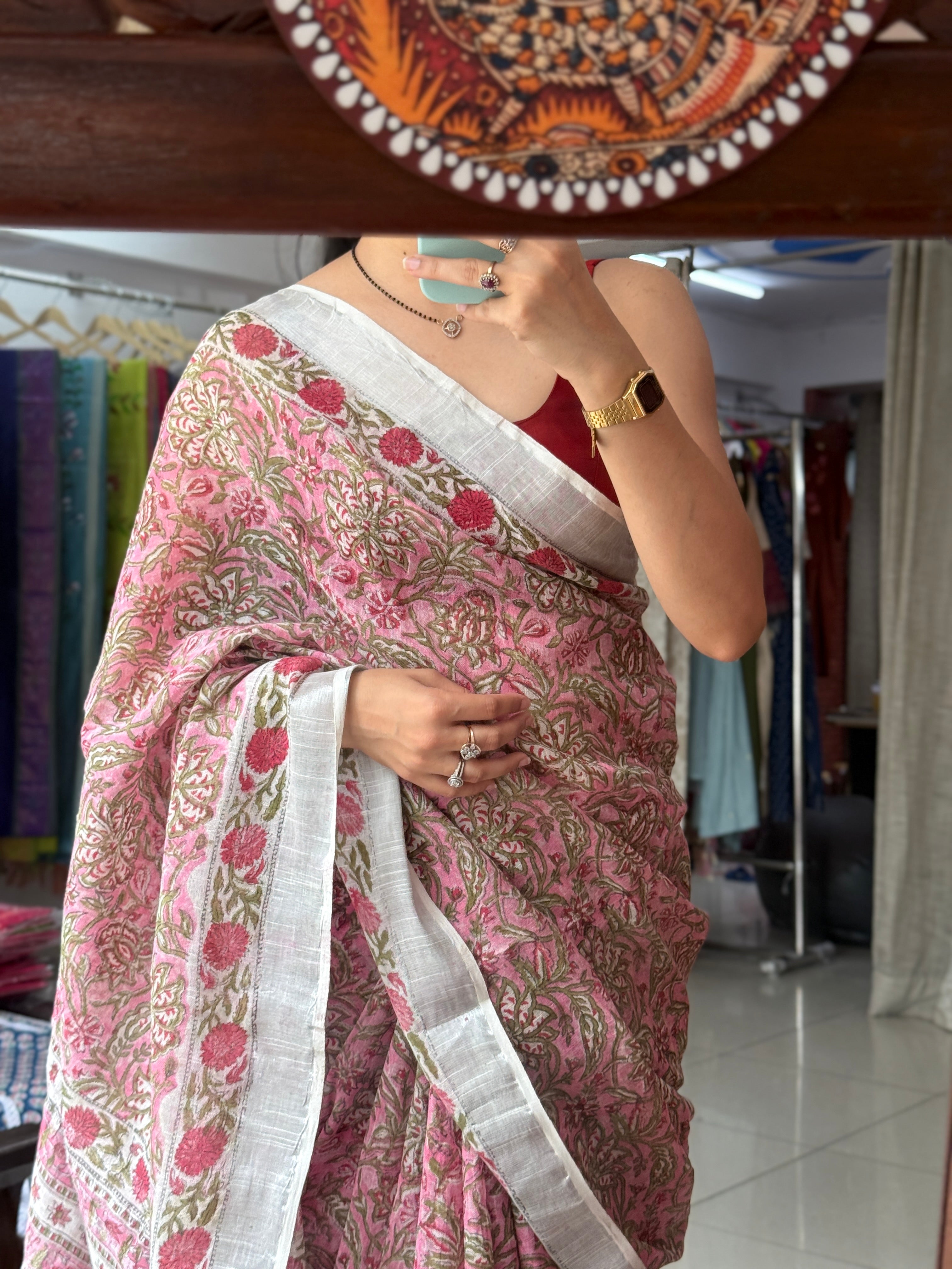 Block printed linen Saree|with blouse|Bestseller