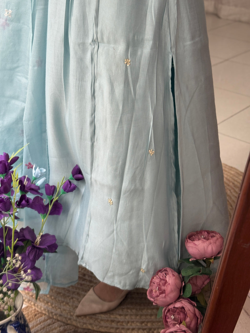 Aqua Blue Hand embroidered| Partywear| With lining| pants and embroidered Duppata