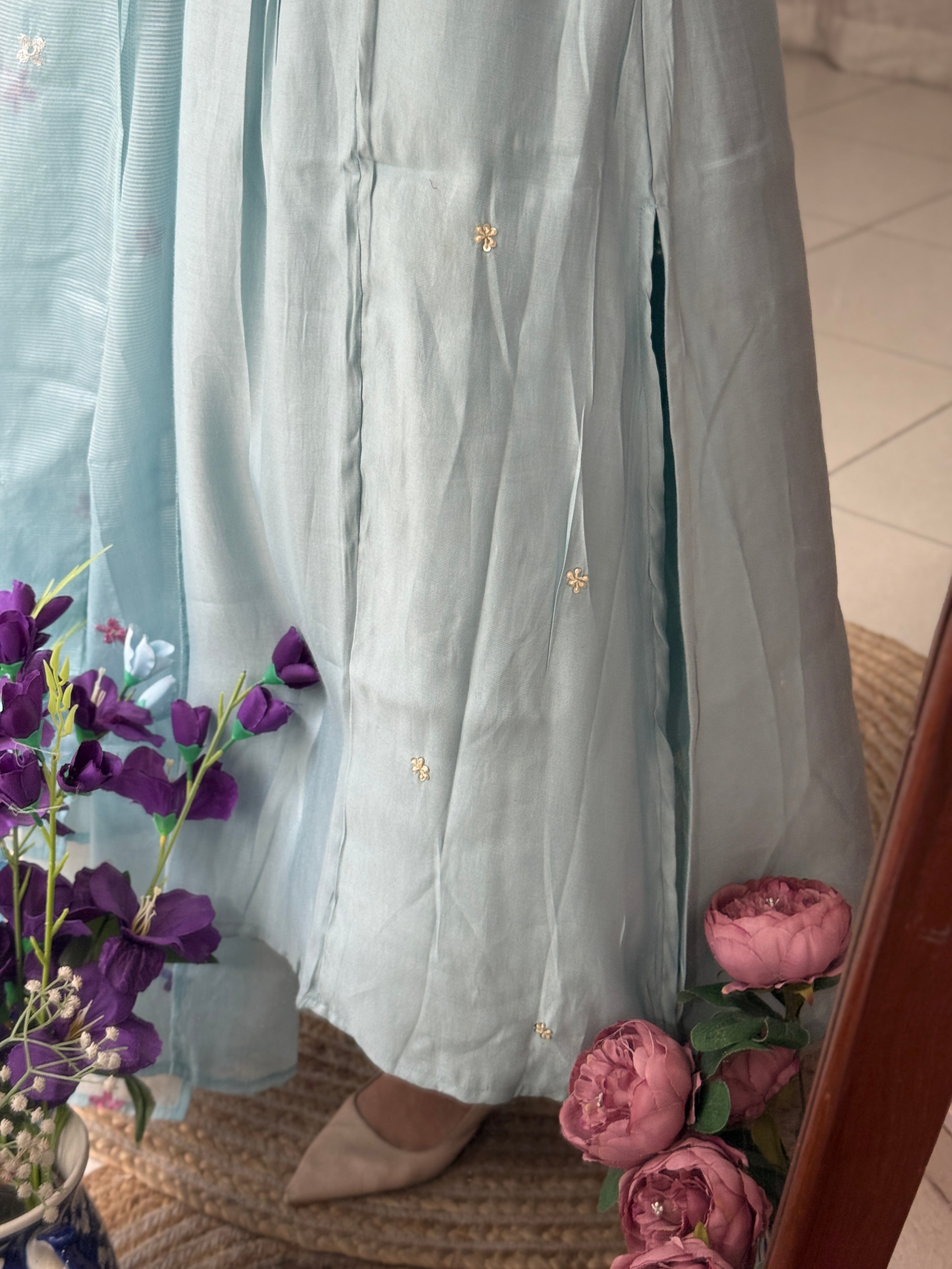 Aqua Blue Hand embroidered| Partywear| With lining| pants and embroidered Duppata
