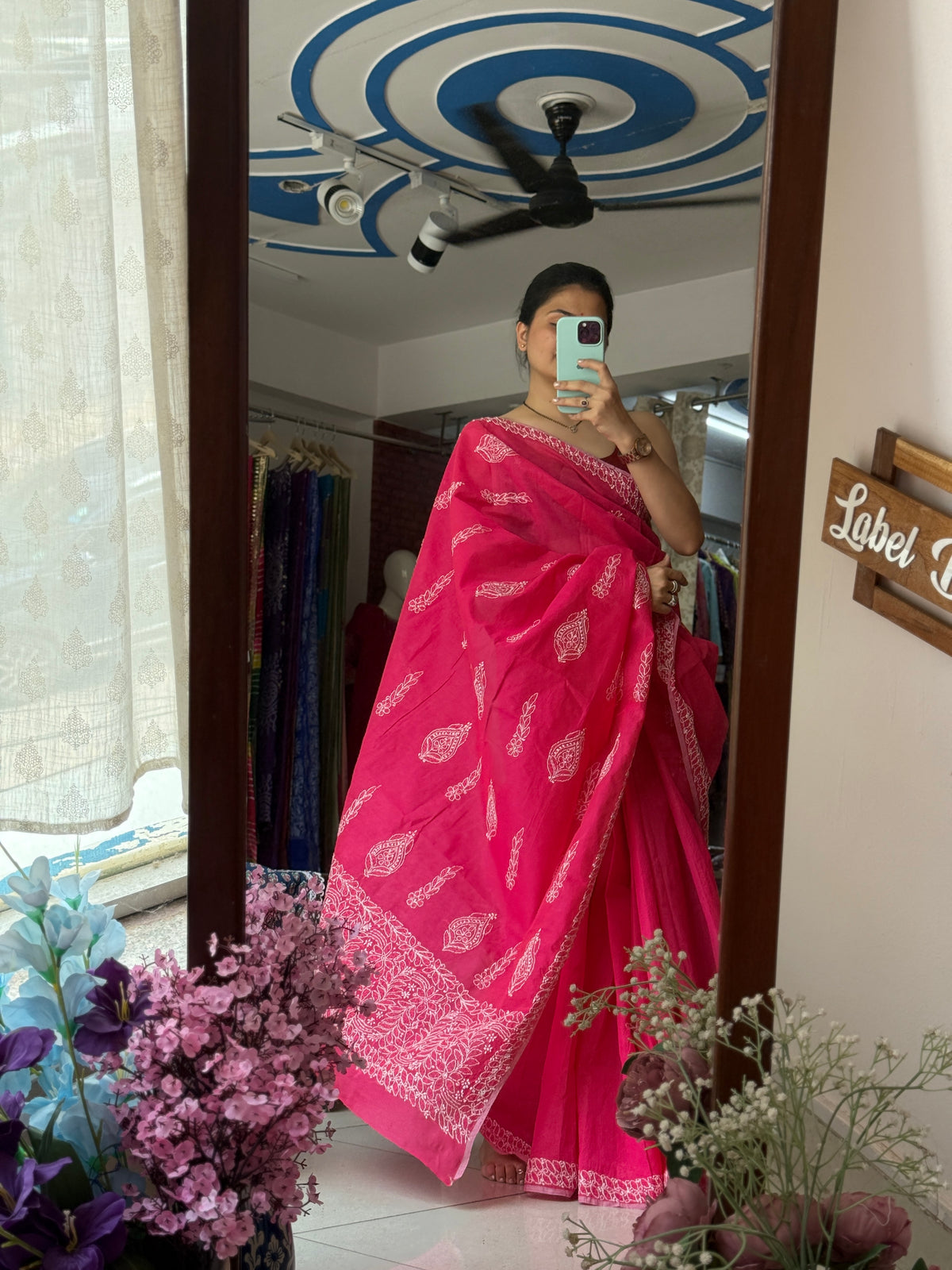 Pink Hand Embroidered Chikanakri Saree| Mul Chanderi Fabric| With embroidered blouse