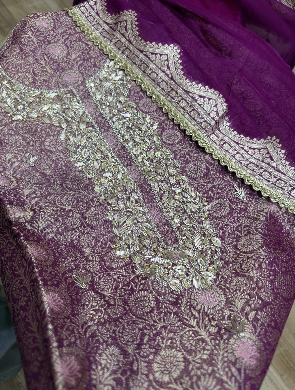 Wine Purple Pure Silk Woven suit set| Dabka Work | Hand embroidered | With cotton lining| Silk bottom with pocket and buttons| Tissue Duppata