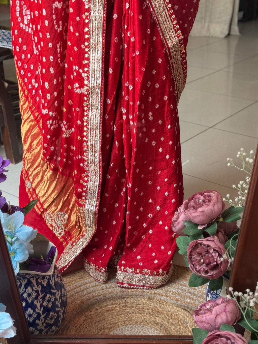 Red Pure Gaji Silk Bandhani Saree with Gotta Patti Handwork|Comes with blouse | Premium Handwork Saree