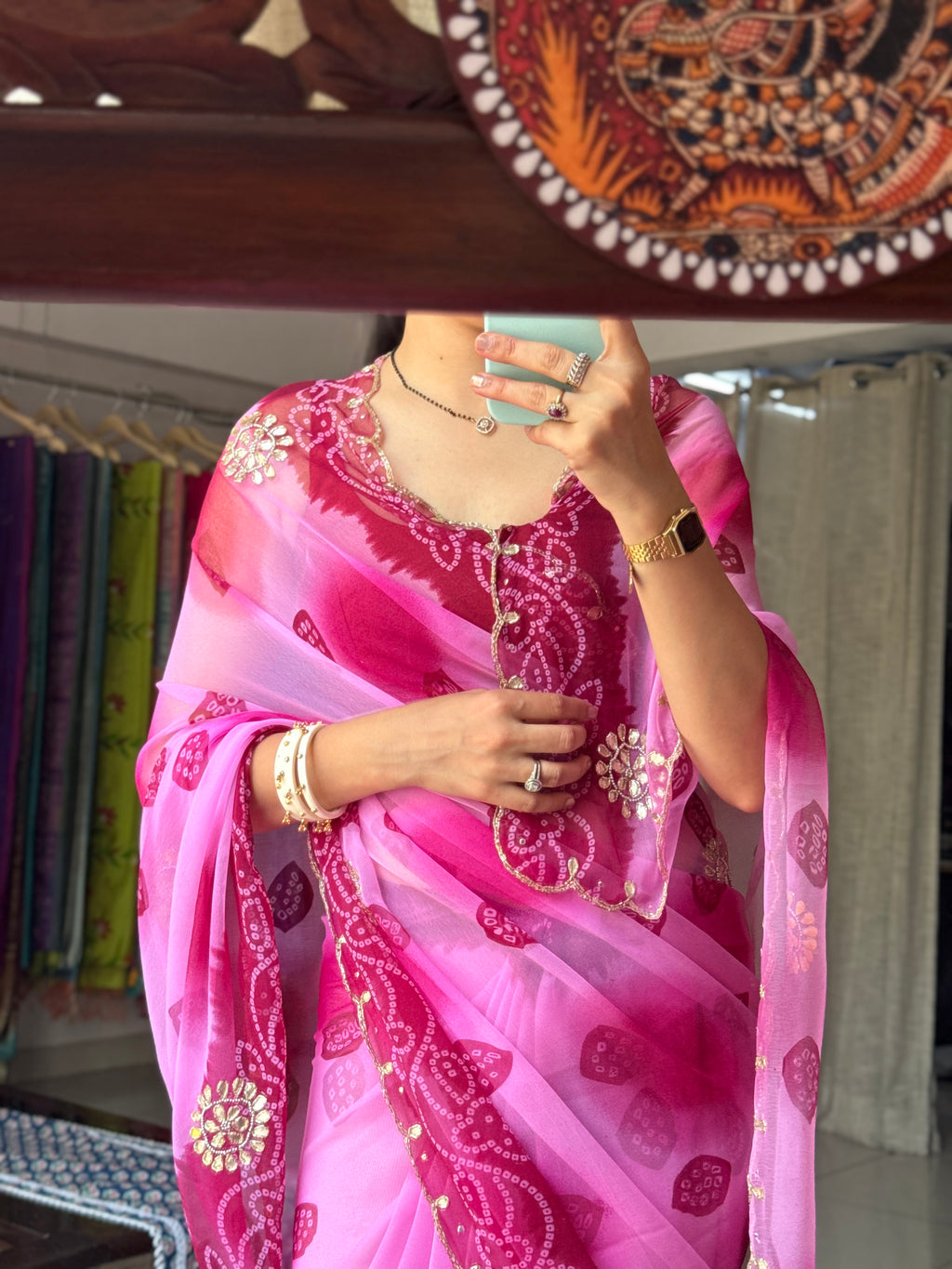 Dual tone Pure Georgette Handblock Digital Printed Saree| Handwork cutdana buta detailing| With blouse