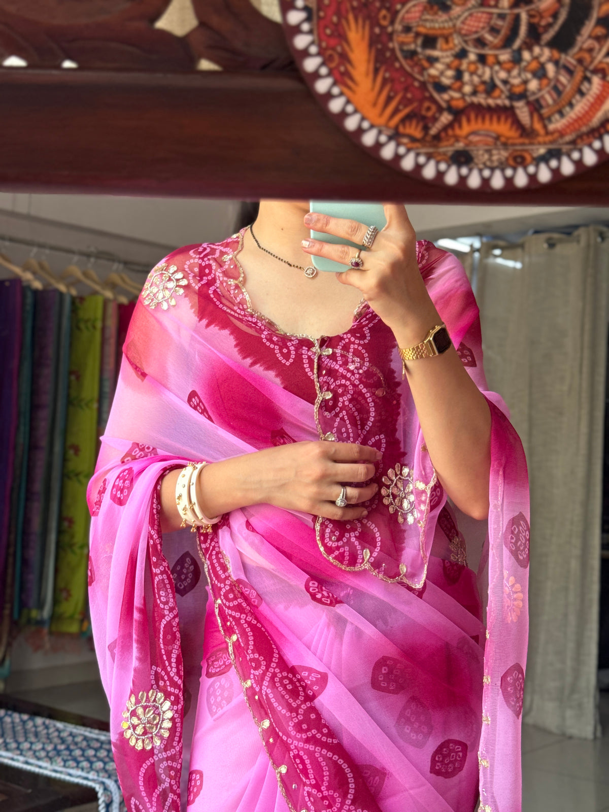 Dual tone Pure Georgette Handblock Digital Printed Saree| Handwork cutdana buta detailing| With blouse