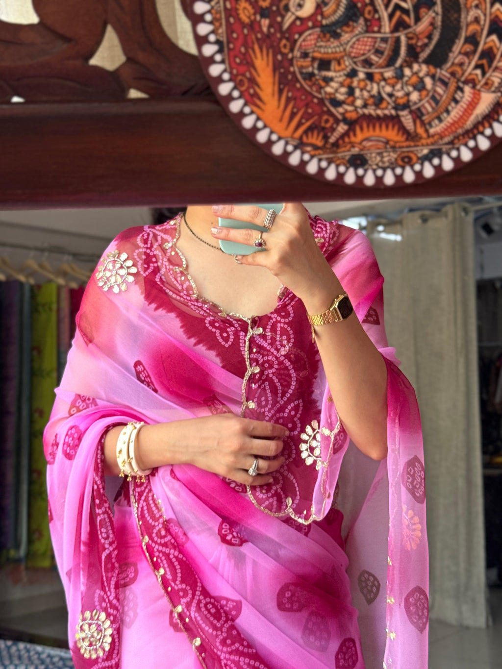 Dual tone Pure Georgette Handblock Digital Printed Saree| Handwork cutdana buta detailing| With blouse