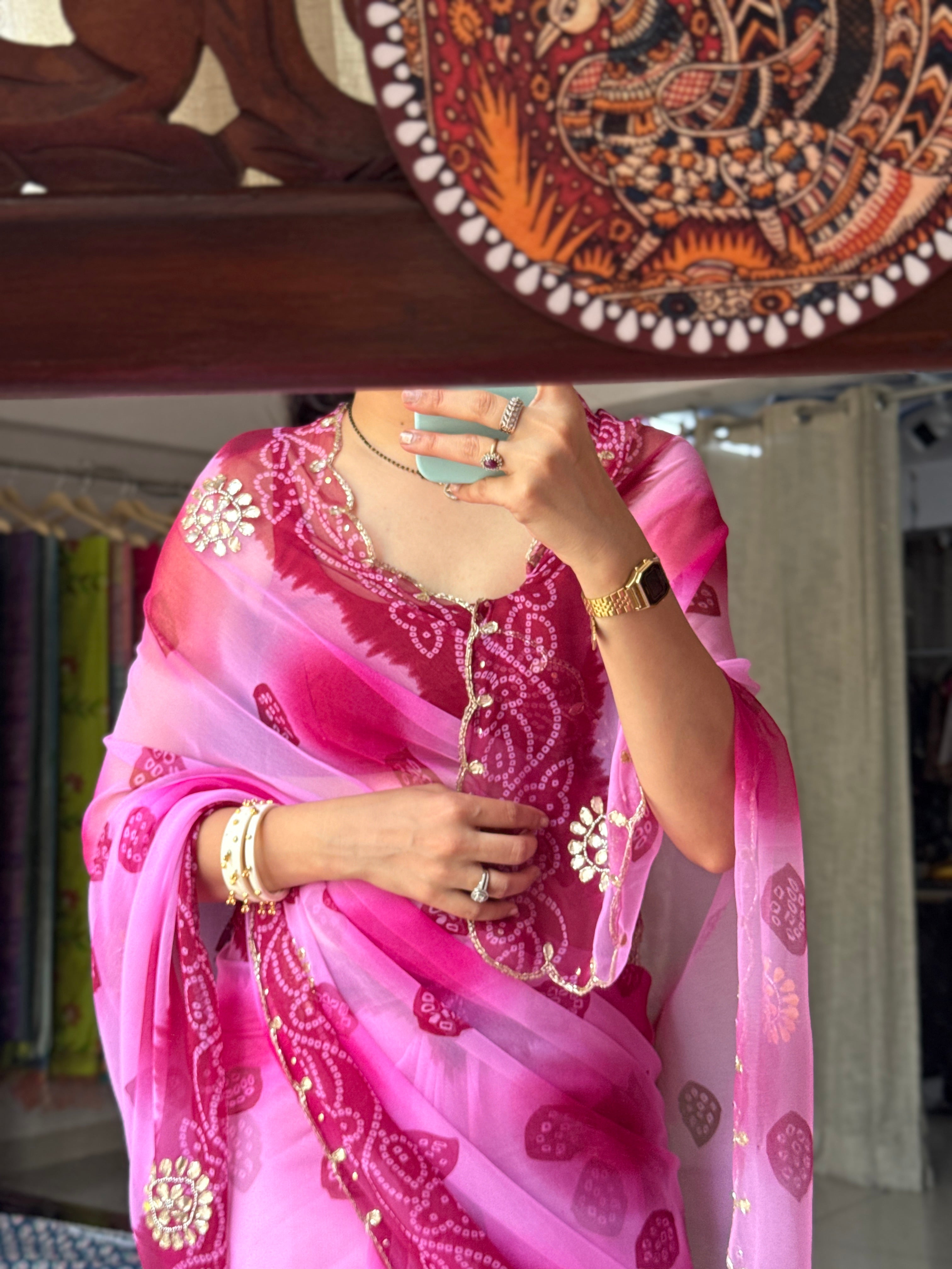 Dual tone Pure Georgette Handblock Digital Printed Saree| Handwork cutdana buta detailing| With blouse