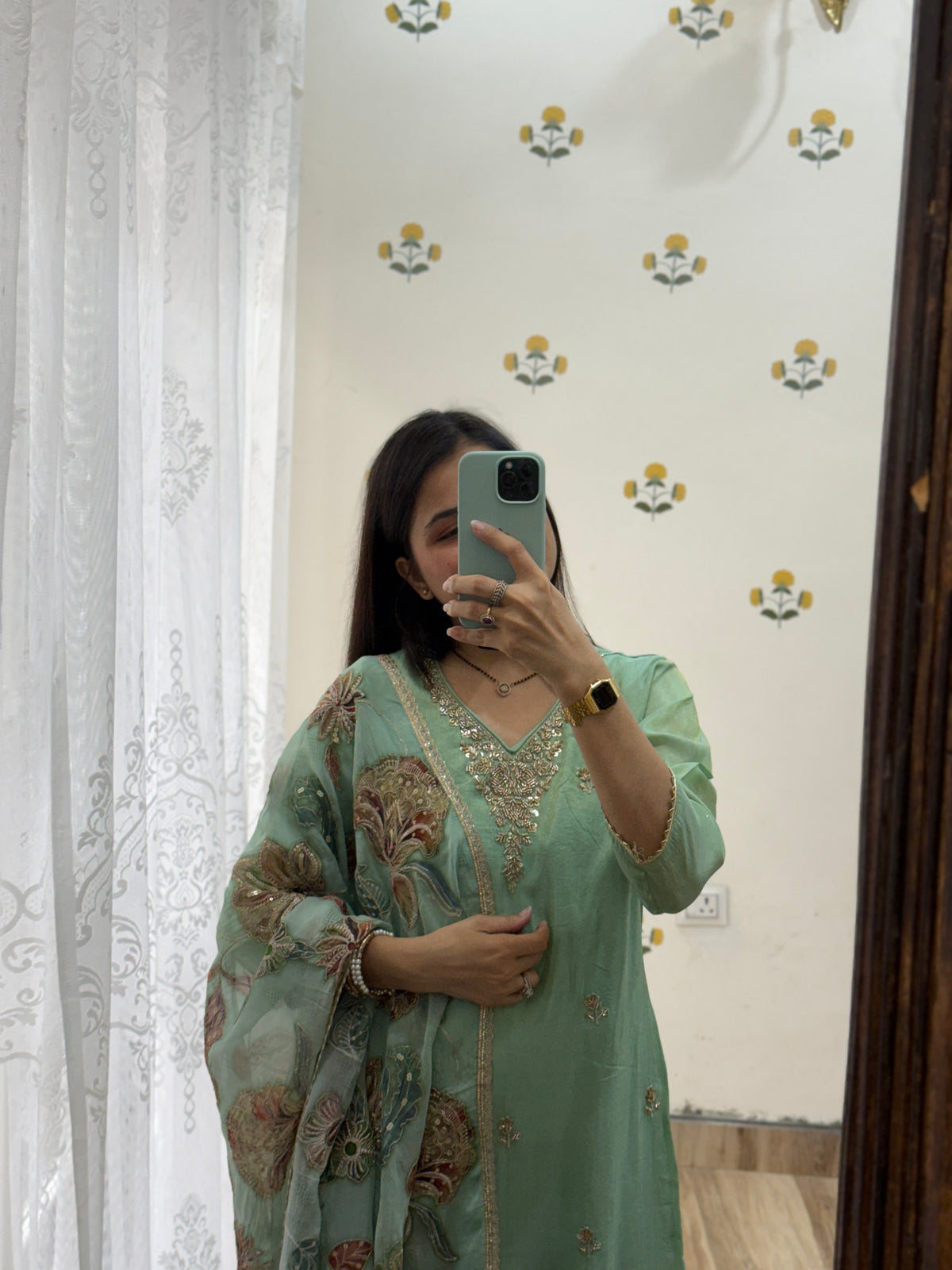 Pista Green Suit set | With cotton lining| Hand Embroidered Kurta| Embroidered Organza Duppata | Crepe