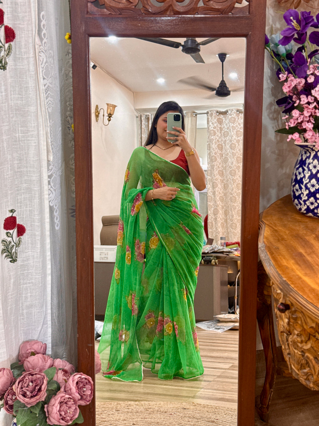 Green Floral |Pure Georgette Digital Printed Saree| Handwork cutdana detailing| Without blouse