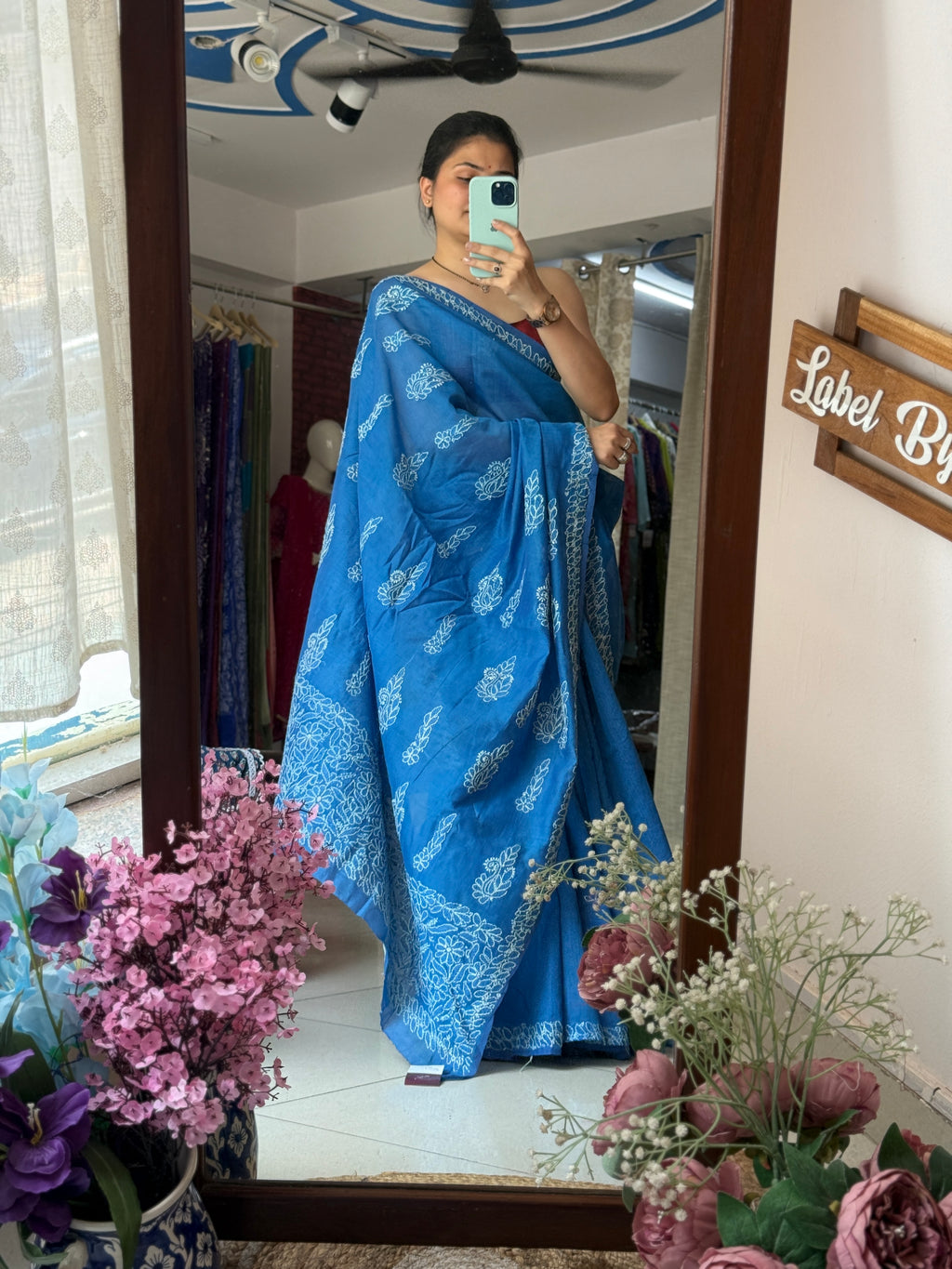 Blue Hand Embroidered Chikanakri Saree| Mul Chanderi Fabric| With embroidered blouse