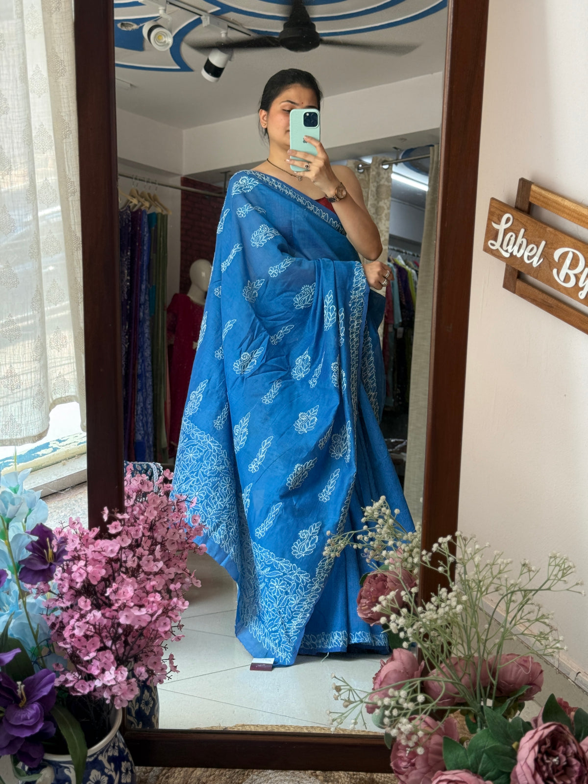 Blue Hand Embroidered Chikanakri Saree| Mul Chanderi Fabric| With embroidered blouse